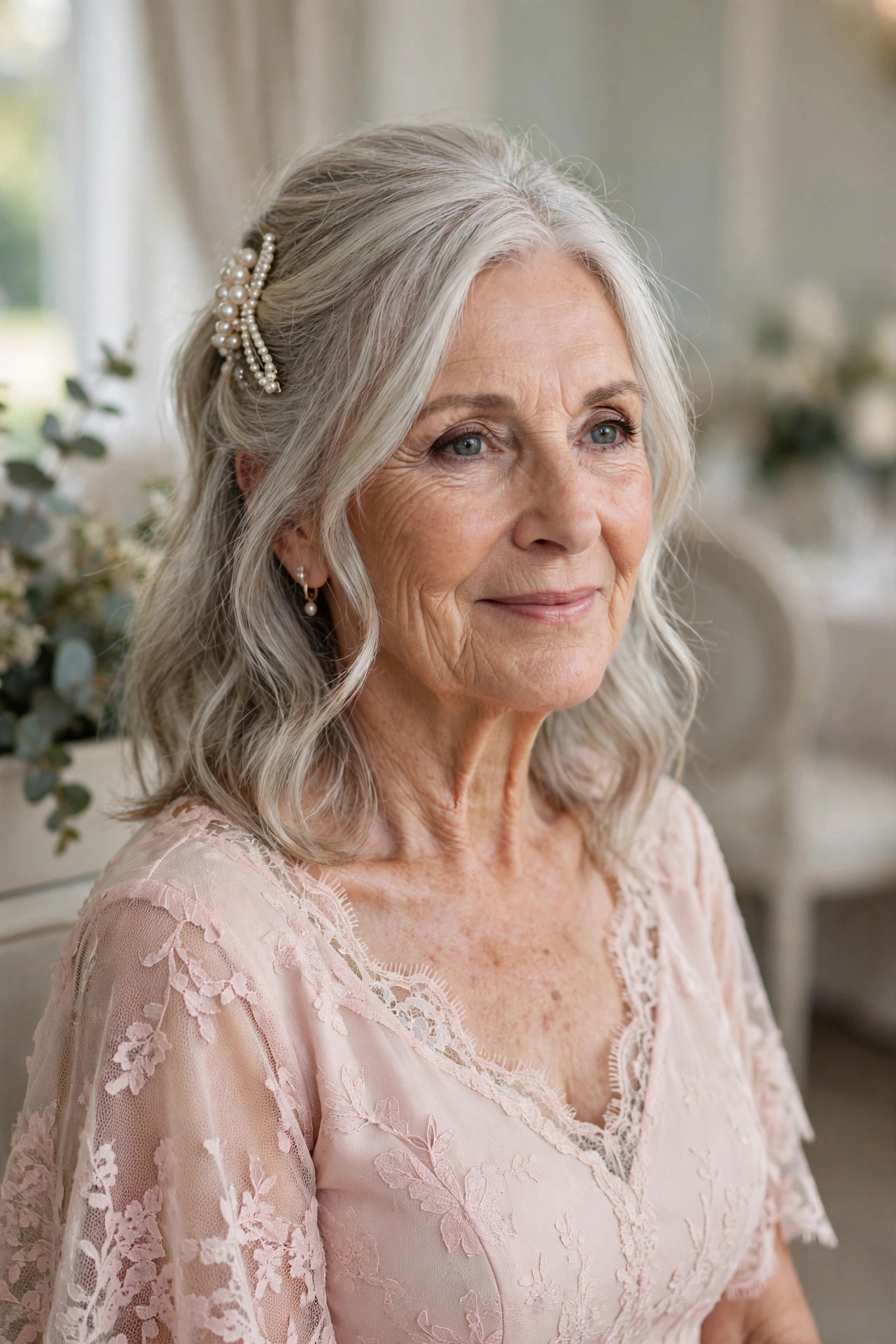 Half-Up Style with an Elegant Pearl Comb wedding guest hairstyle for a woman over 60