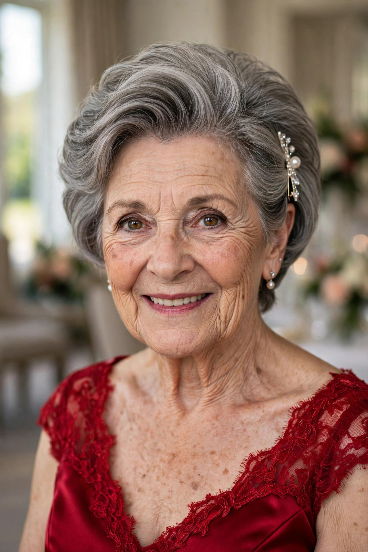 Short Layered Cut with a Polished Blowout and Pinned Side wedding guest hairstyle for a woman over 60