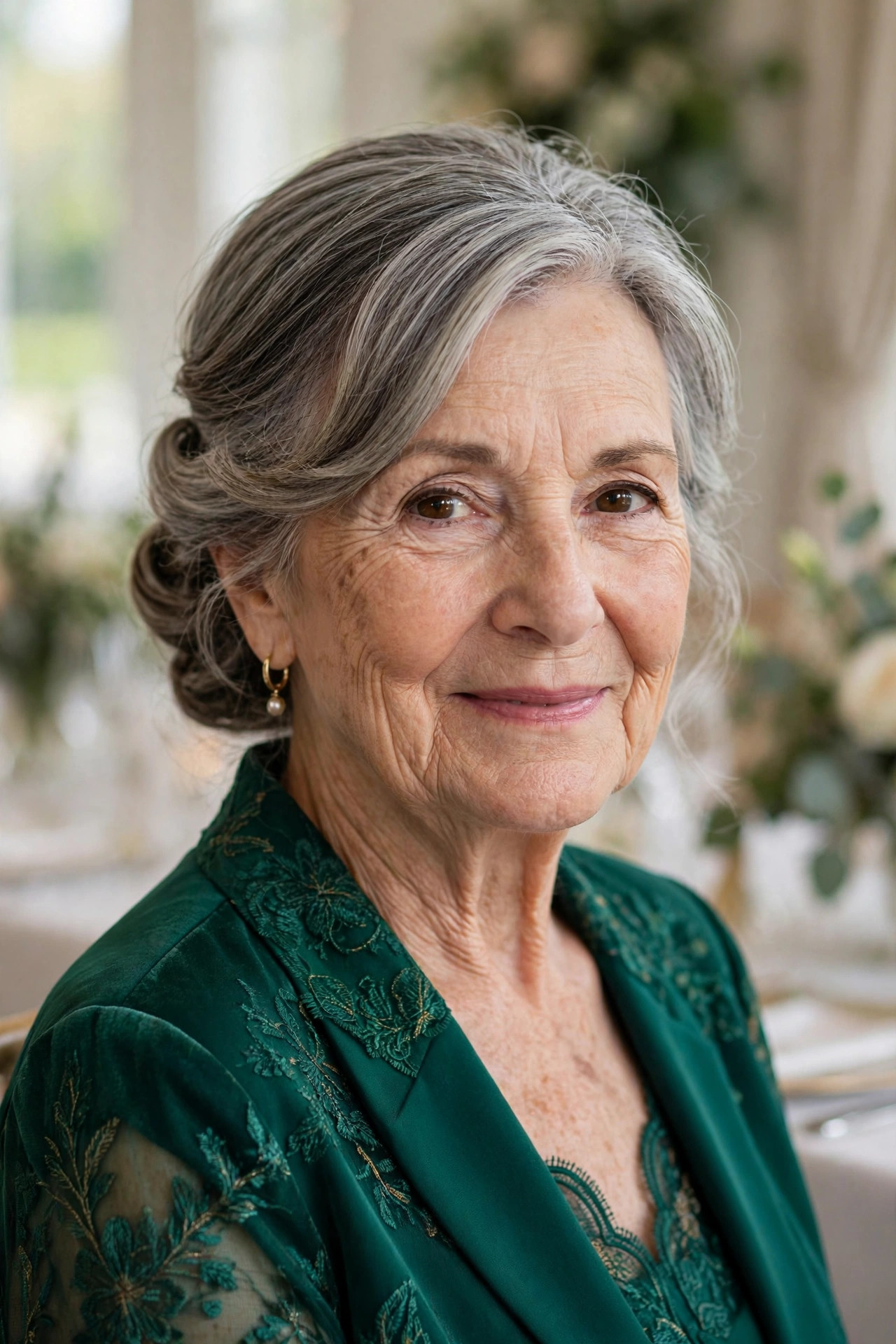 Soft Low Bun with an Elegant Side Sweep wedding guest hairstyle for a woman over 60