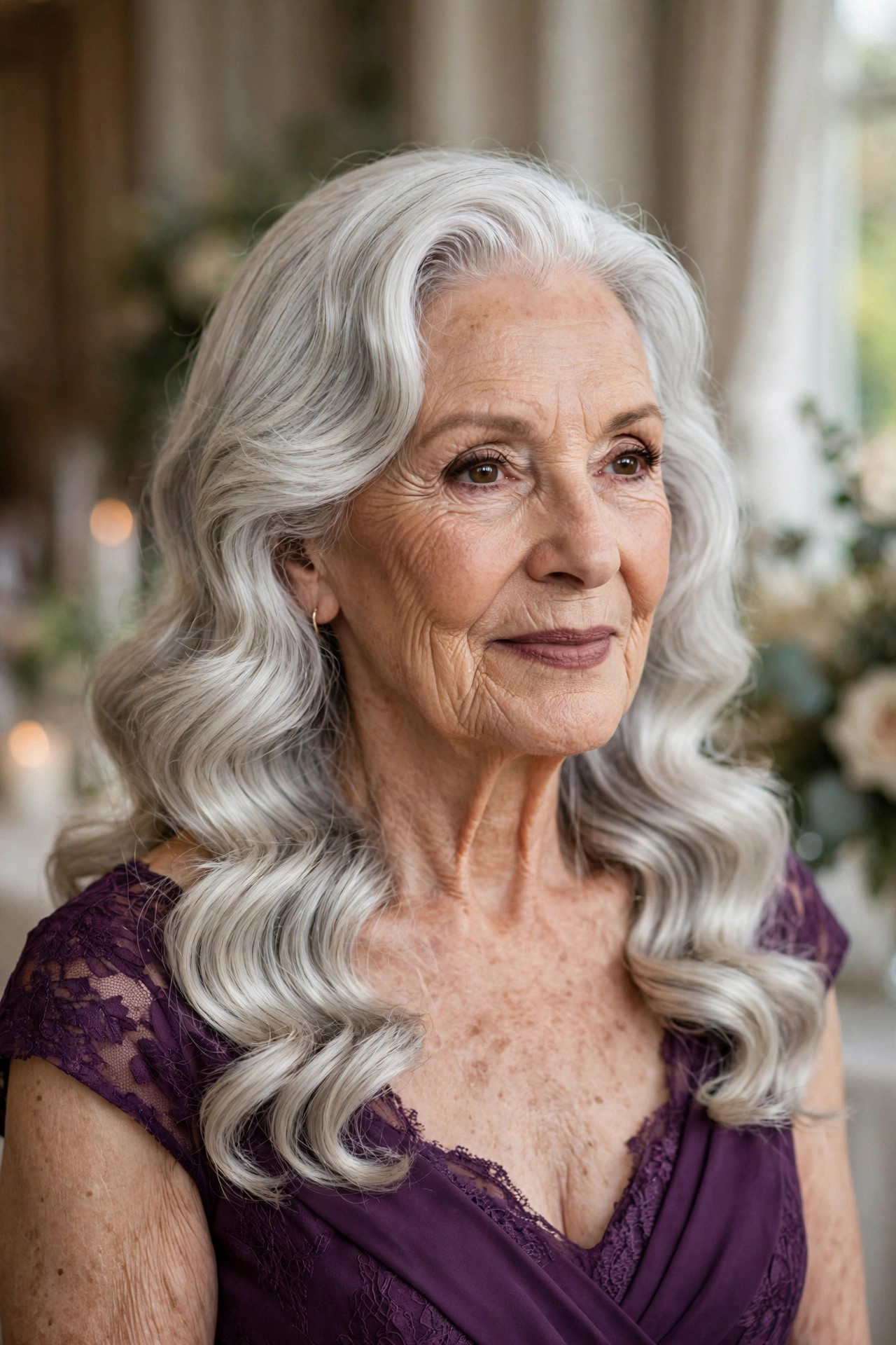 Glamorous Hollywood Waves wedding guest hairstyle for a woman over 60