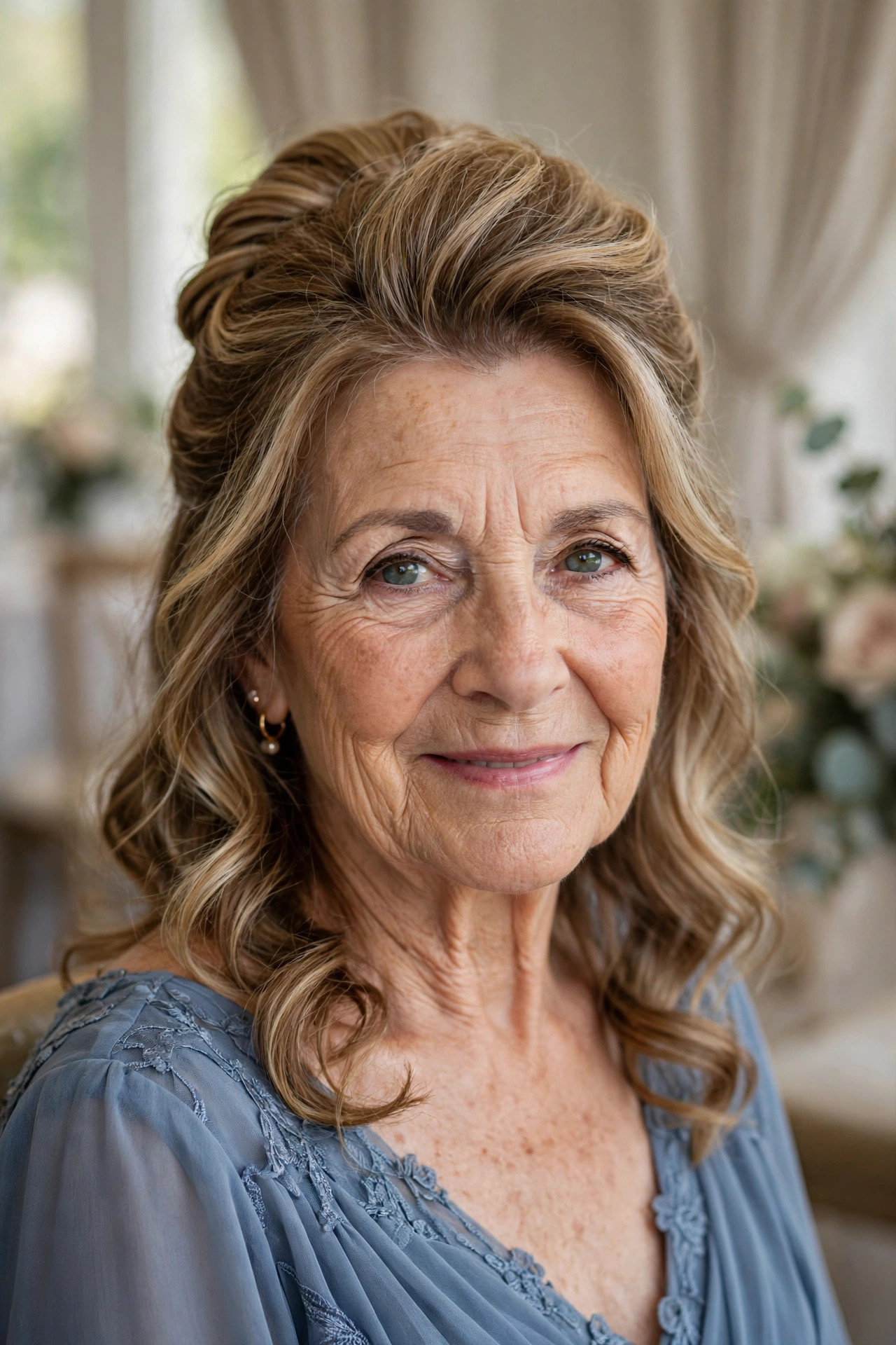 Elegant Half-Up Style with Volume at the Crown wedding guest hairstyle for a woman over 60