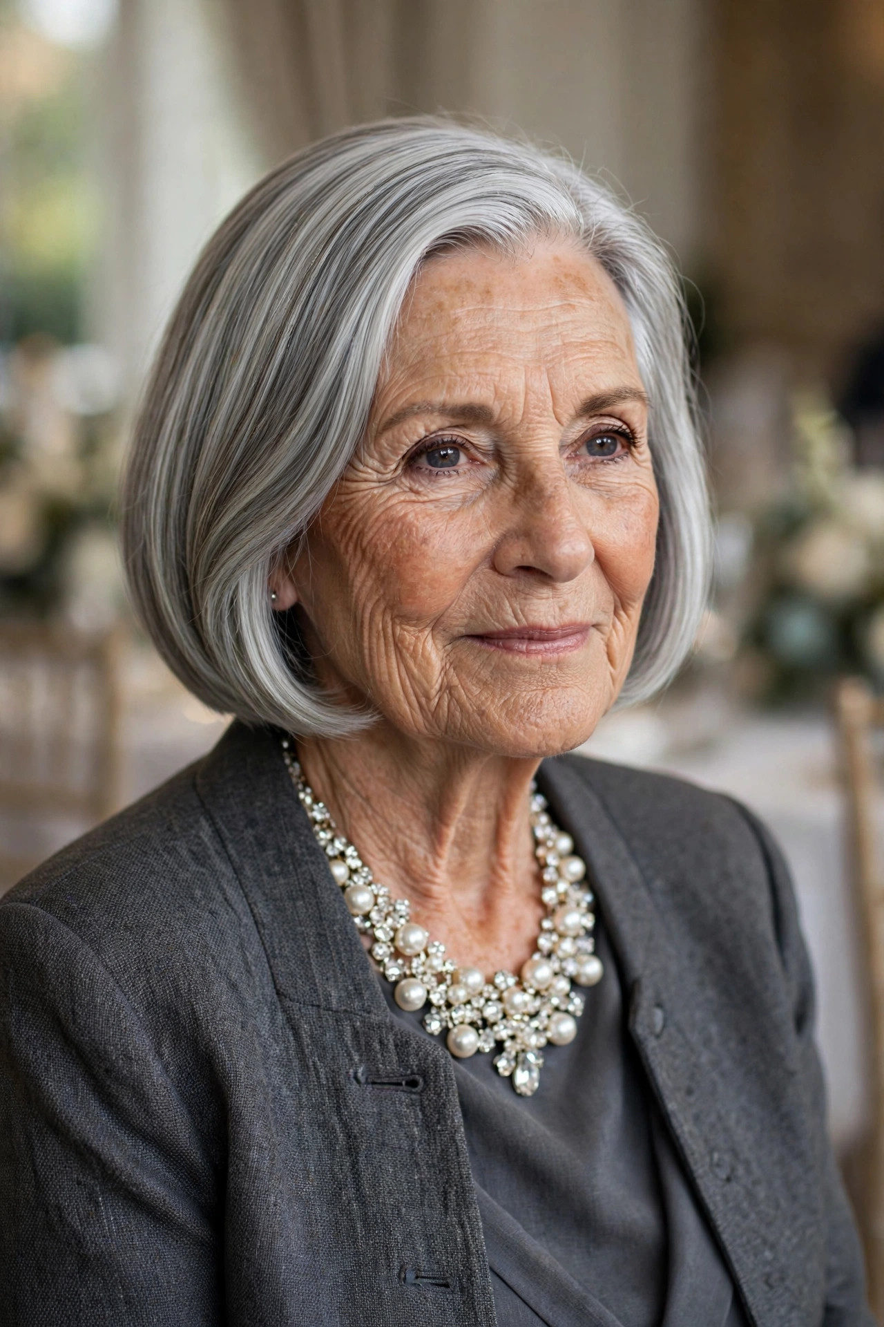 Sleek Polished Bob with a Dressed Finish wedding guest hairstyle for a woman over 60