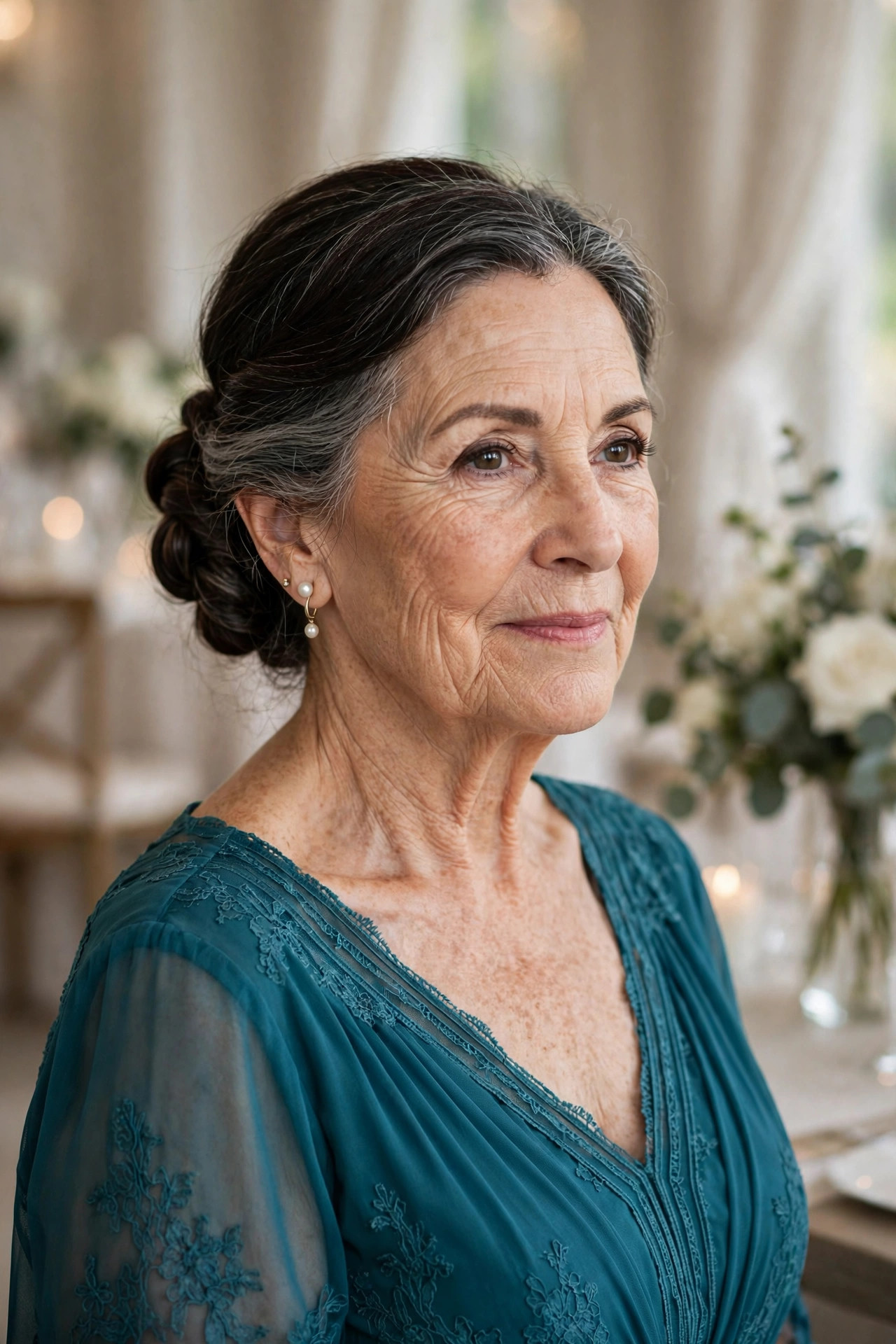 Low Twisted Knot Bun wedding guest hairstyle for a woman over 60
