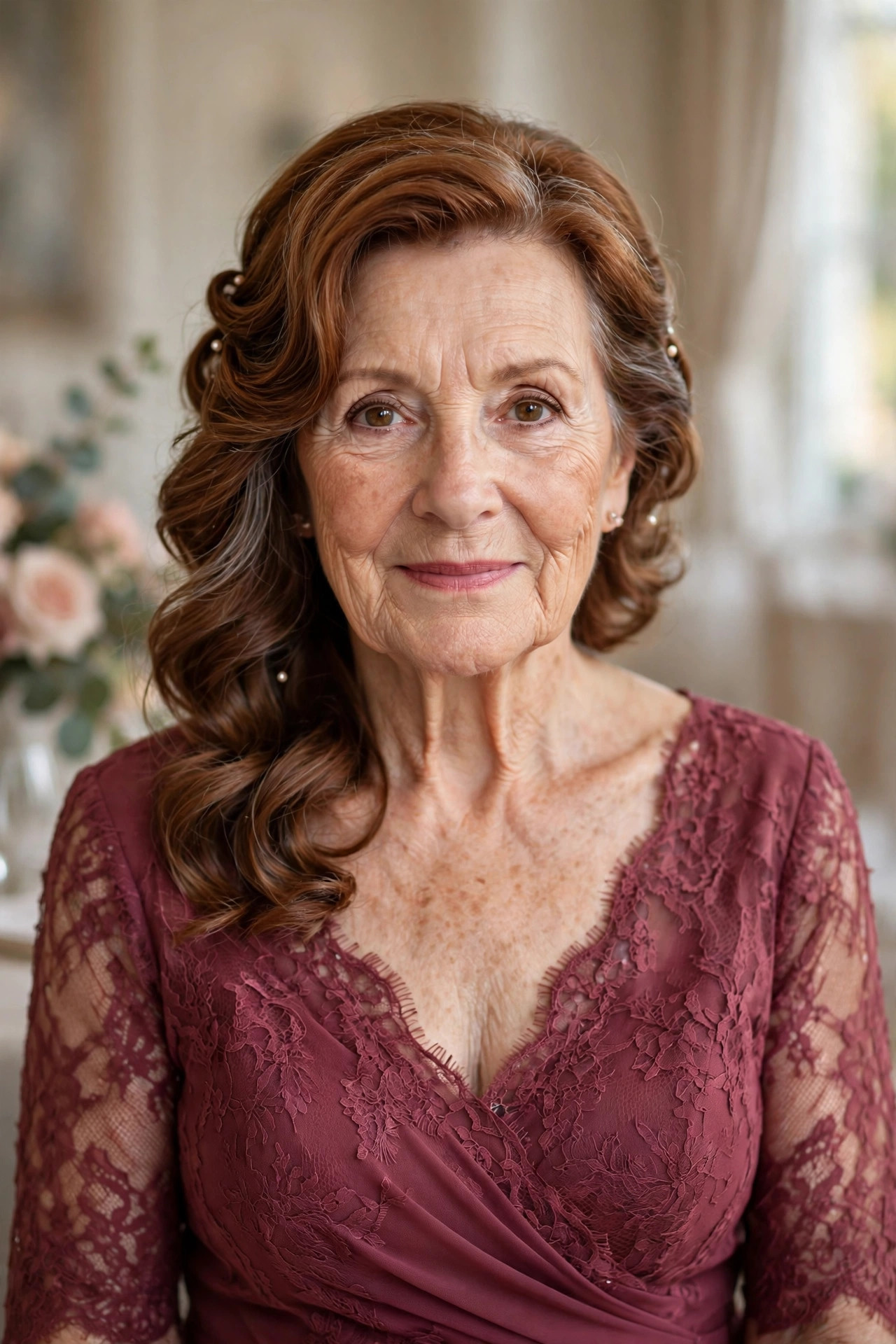 Romantic Loose Waves Pinned to One Side wedding guest hairstyle for a woman over 60