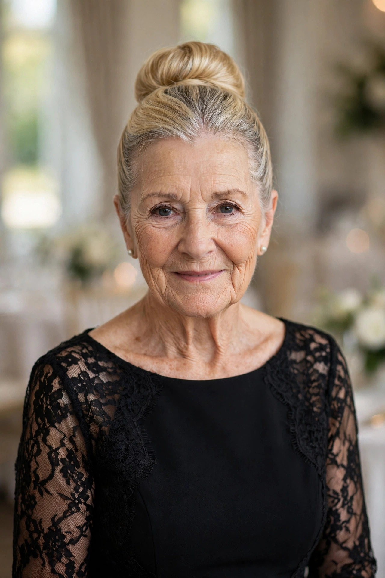 High Crown Bun with Smooth Sides wedding guest hairstyle for a woman over 60