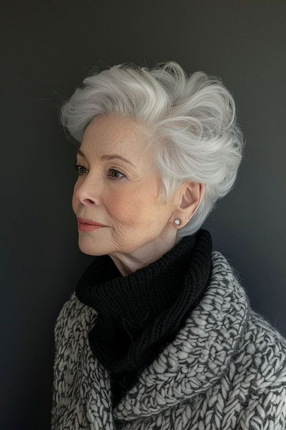 The Volumized White Blowout Crop - white hair haircut on a woman over 70