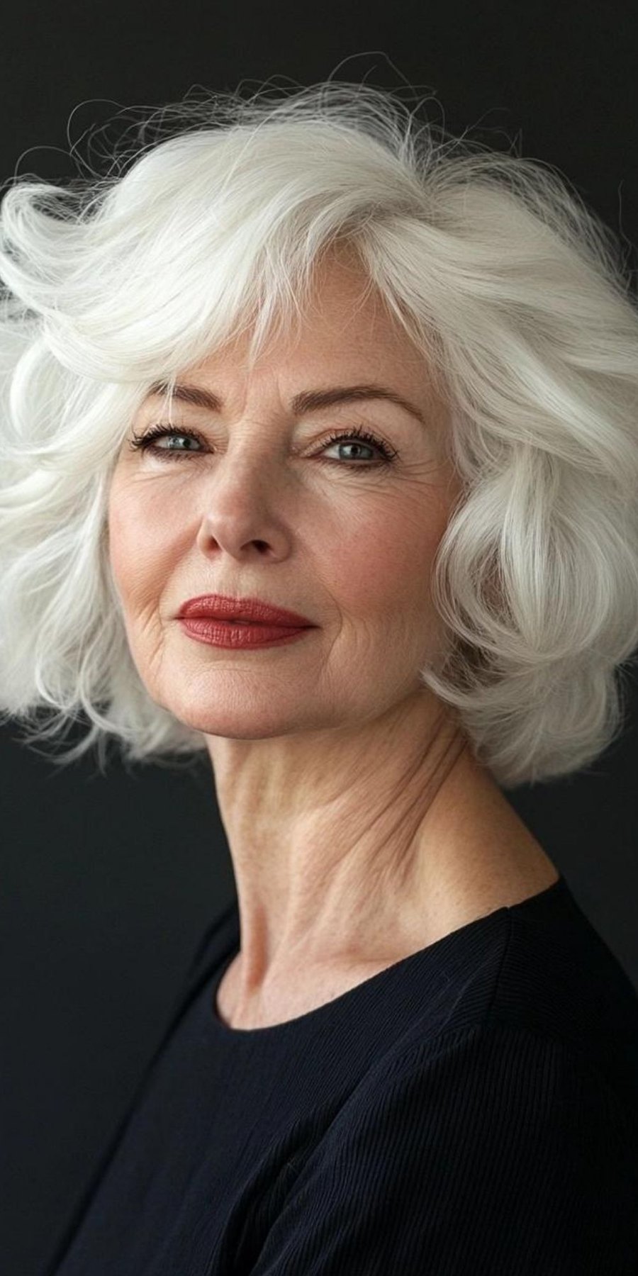The Full White Feathered Bob - white hair haircut on a woman over 70