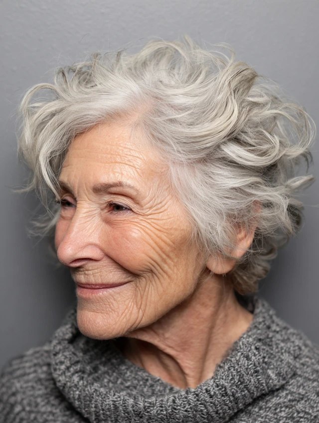 The White Wavy Crop With Soft Curls - white hair haircut on a woman over 70