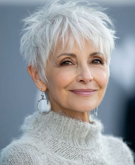 The Choppy White Pixie With Texture - white hair haircut on a woman over 70