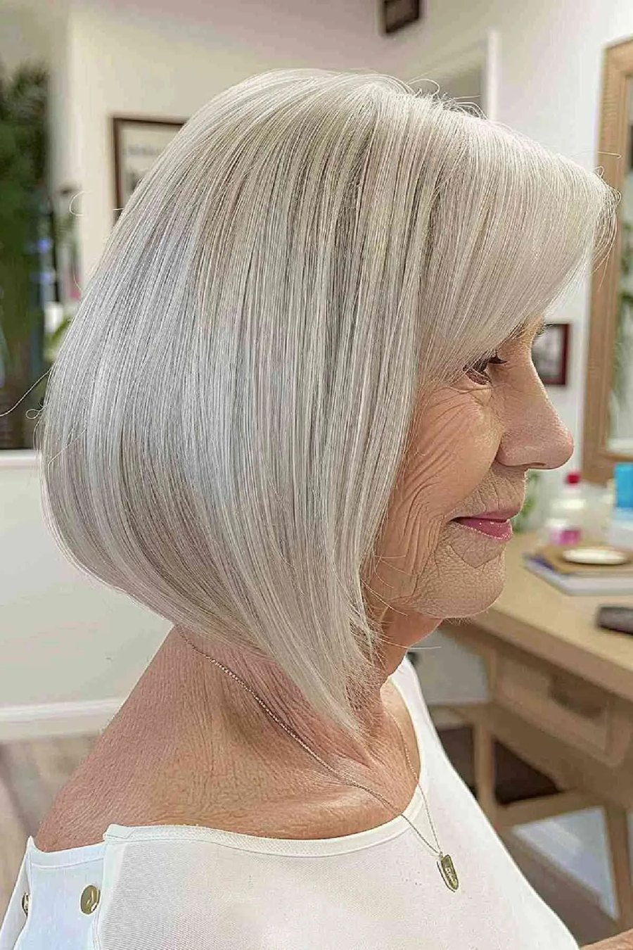 The Long White A-Line Bob - white hair haircut on a woman over 70