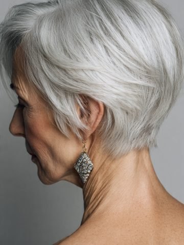 The Stacked White Wedge, Back View - white hair haircut on a woman over 70