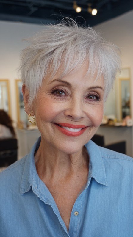 The Soft White Pixie With a Gentle Fringe - white hair haircut on a woman over 70