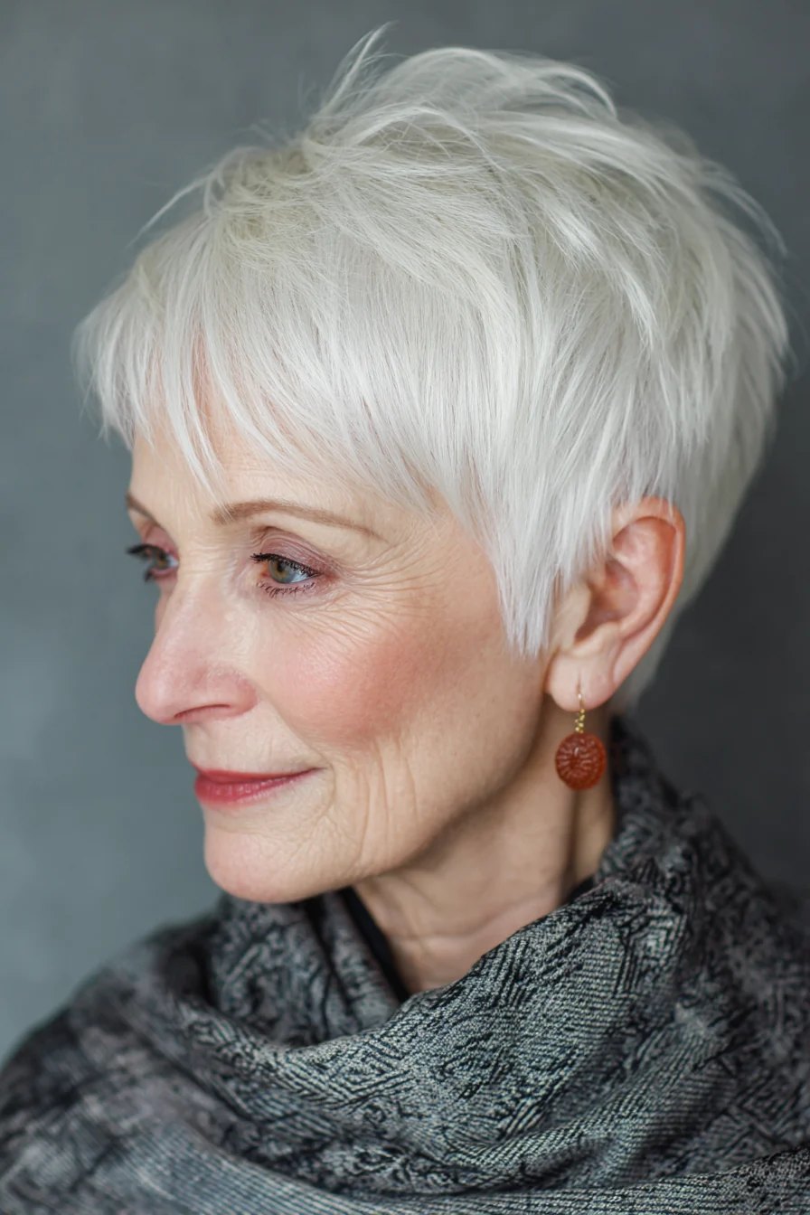 The Sleek White Pixie in Profile - white hair haircut on a woman over 70