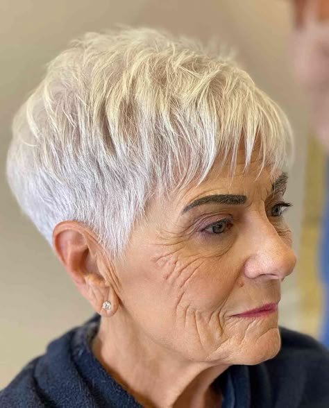 The White Layered Pixie Crop - white hair haircut on a woman over 70