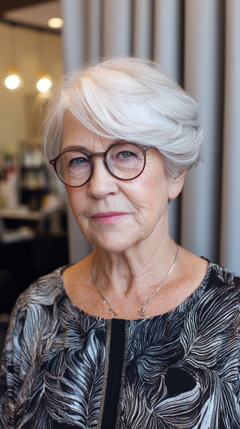 The White Crop That Loves Glasses - white hair haircut on a woman over 70