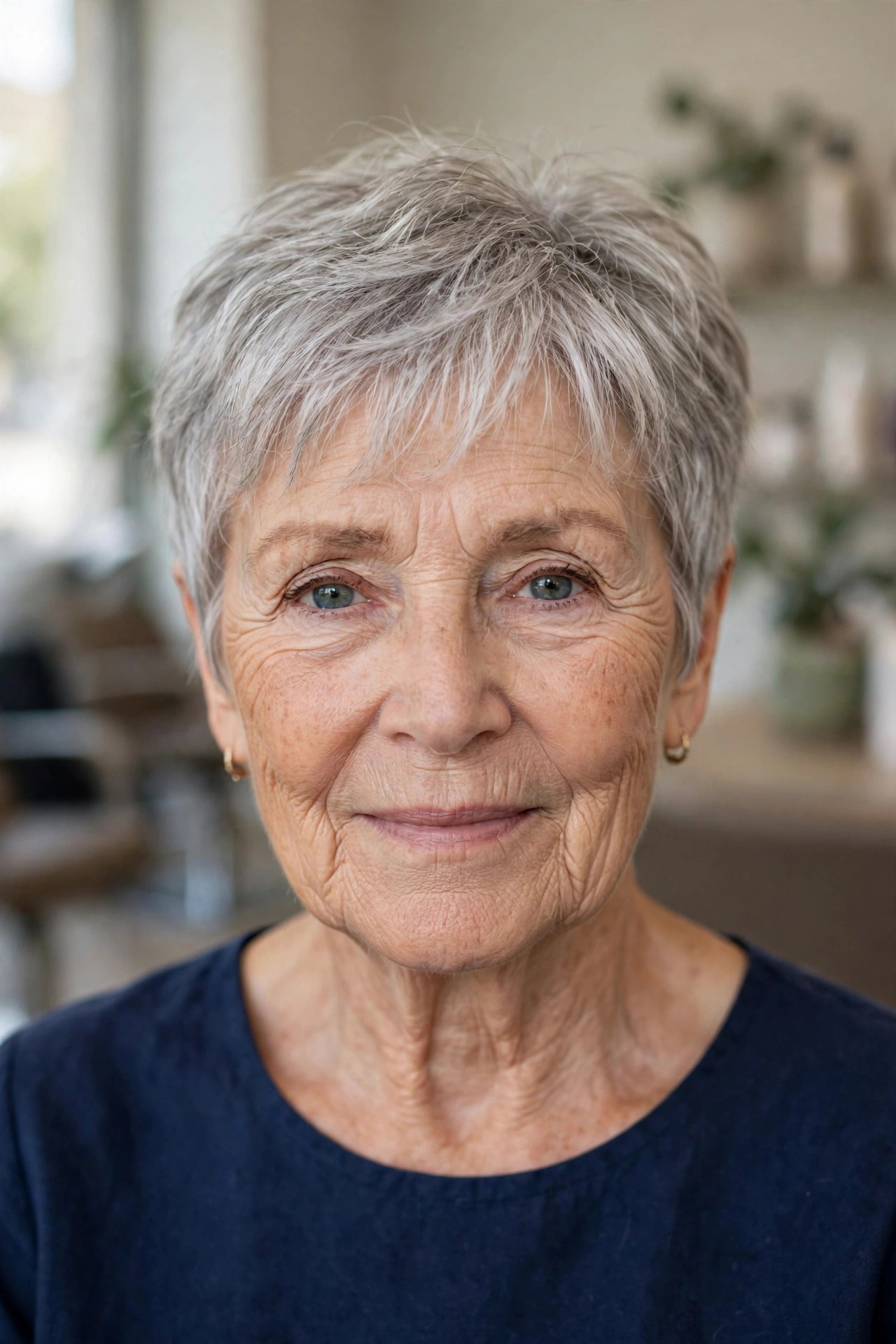 Classic Feathered Pixie with Wispy Bangs - woman over 60 with short hair and wispy bangs