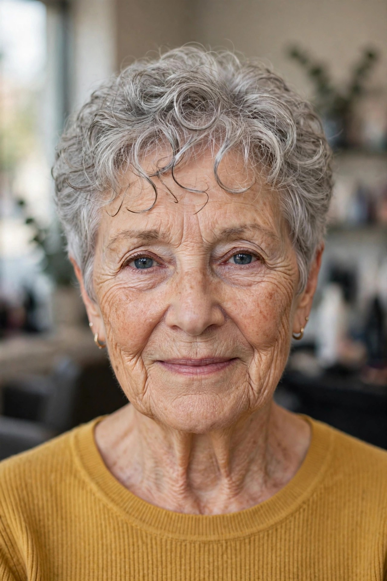 Curly Short Crop with Wispy Tendril Bangs - woman over 60 with short hair and wispy bangs