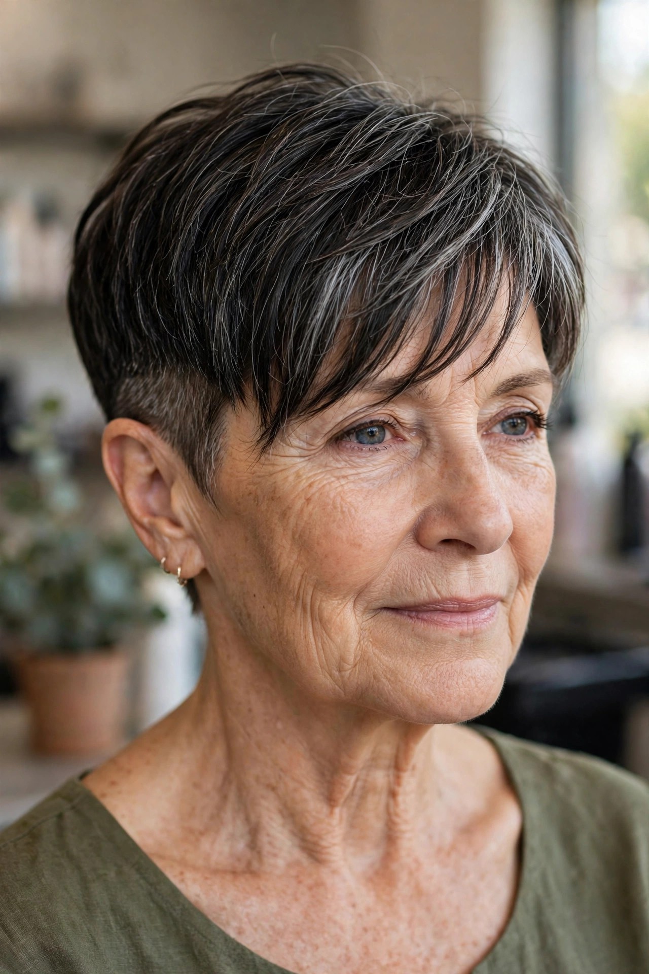 Undercut Pixie with a Long Wispy Fringe - woman over 60 with short hair and wispy bangs