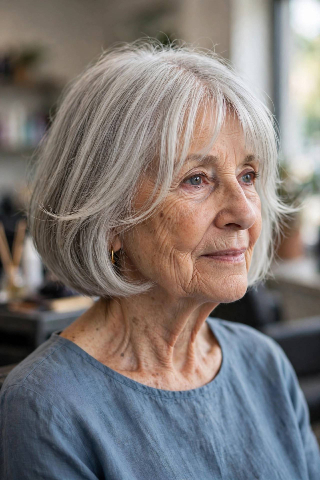 Silver Bob with a Curtain-Blend Wispy Fringe - woman over 60 with short hair and wispy bangs