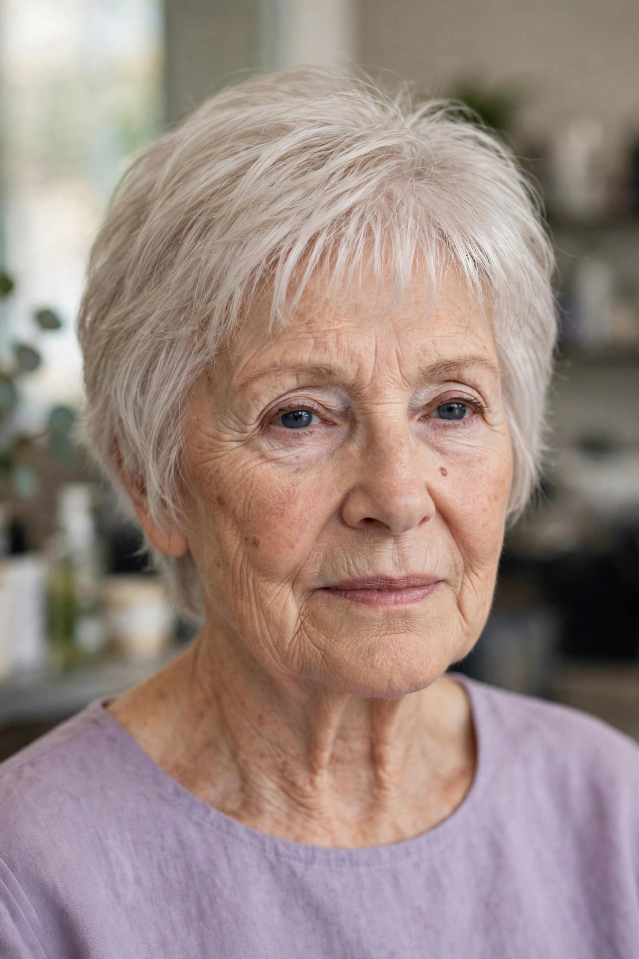 Textured Crop with Wispy Bangs for Fine Hair - woman over 60 with short hair and wispy bangs