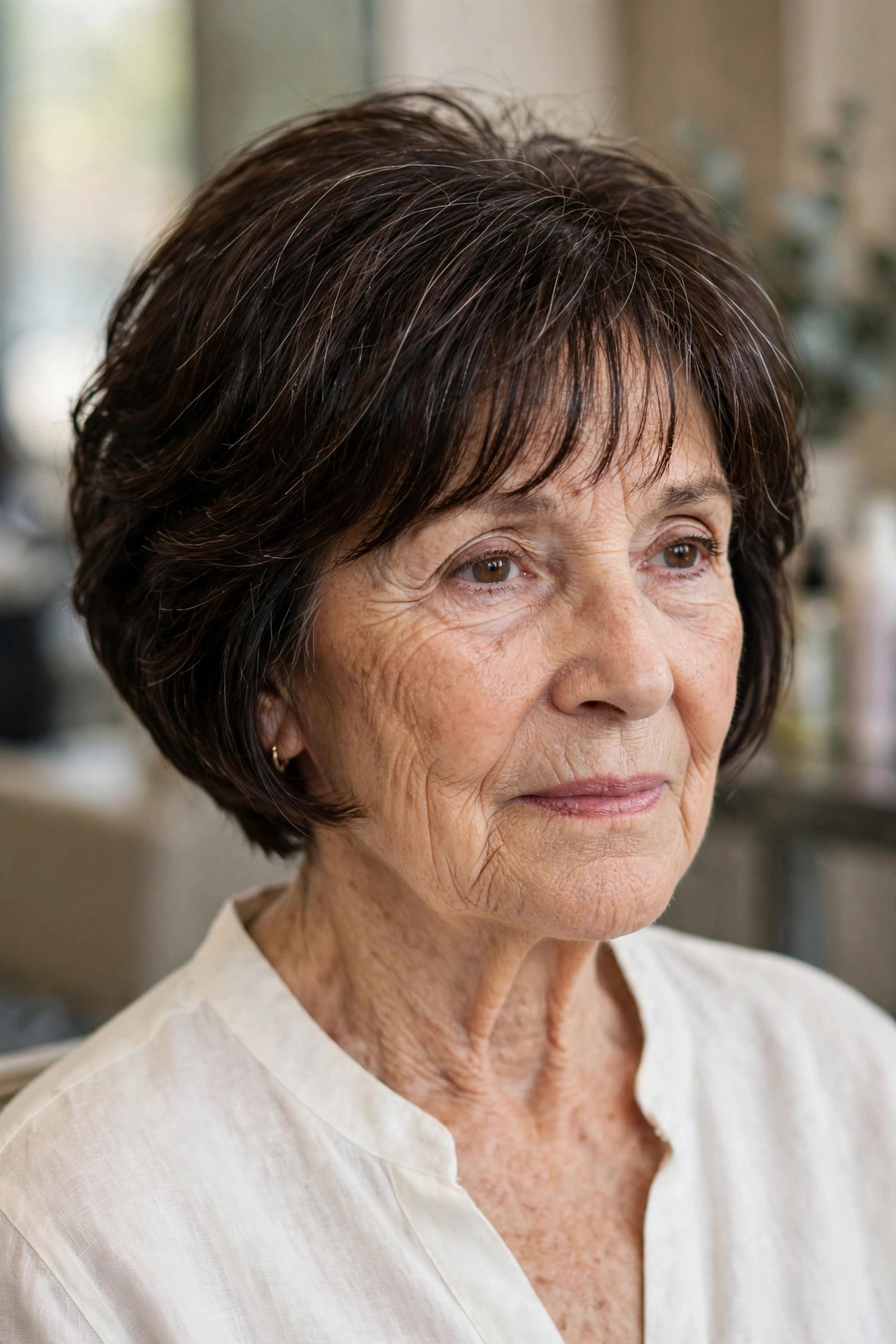 Stacked Bob with a Soft Wispy Fringe - woman over 60 with short hair and wispy bangs