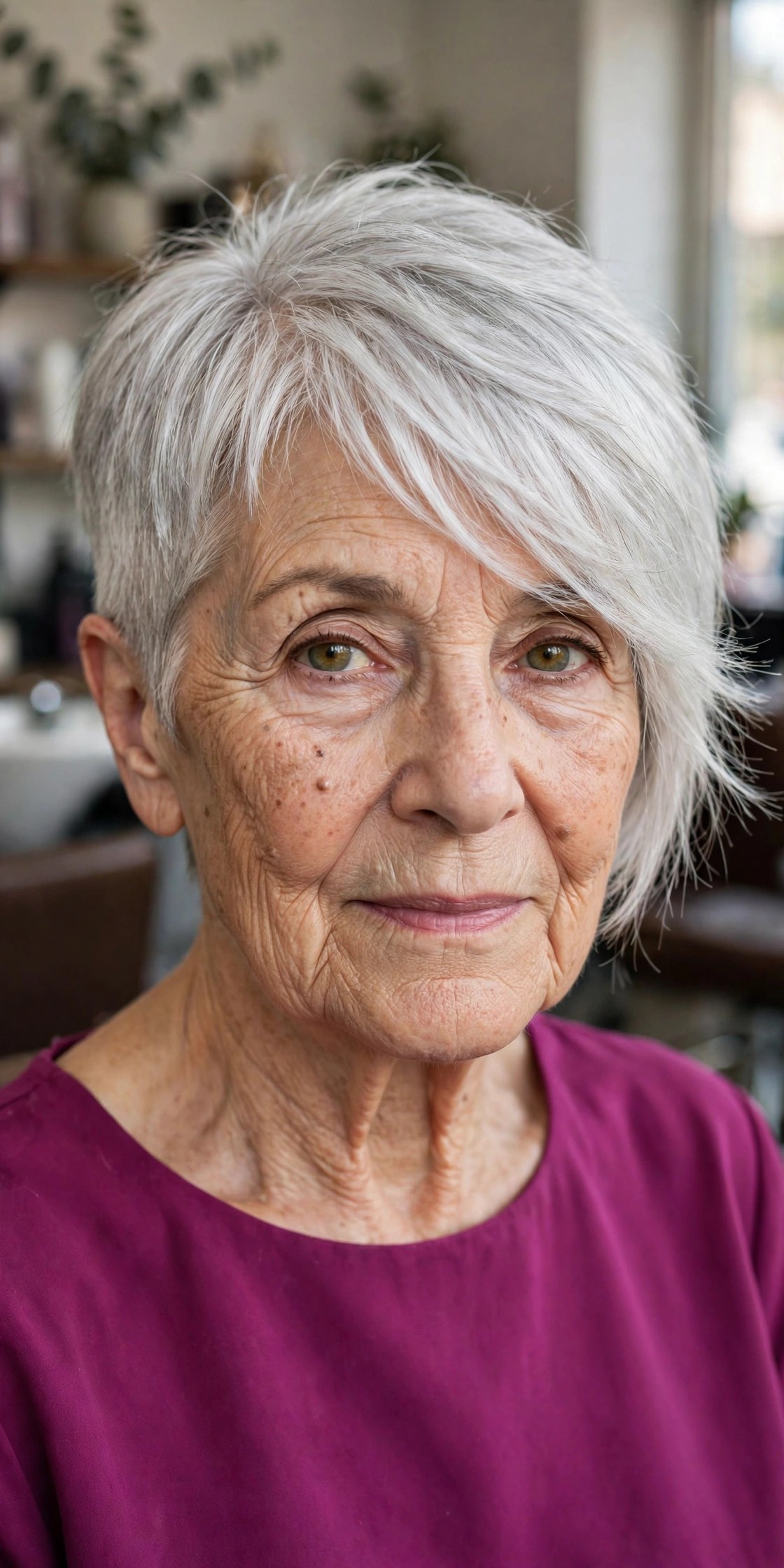 Asymmetrical Silver Pixie with a Wispy Side Fringe - woman over 60 with short hair and wispy bangs