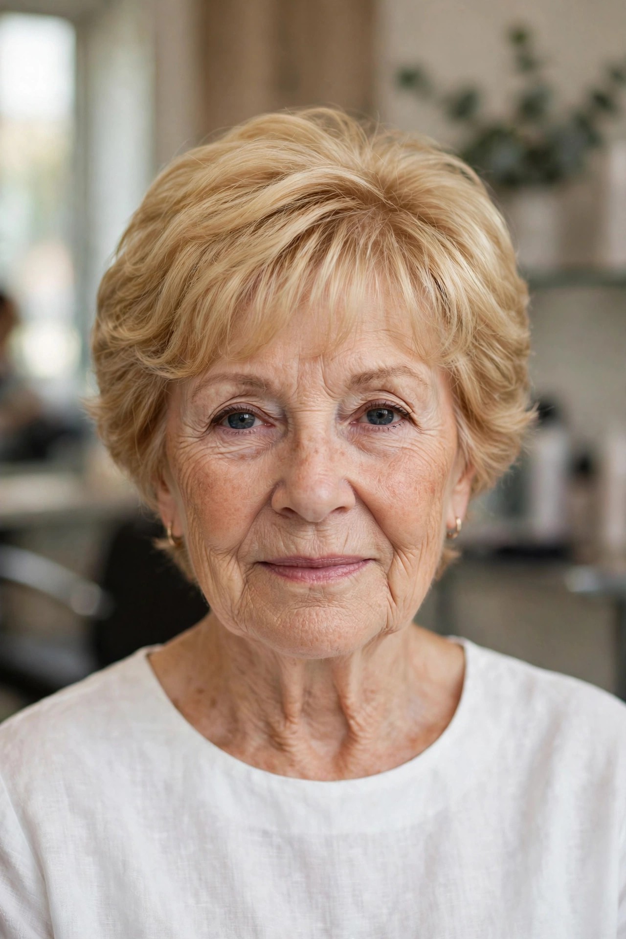 Golden Blonde Rounded Pixie with Wispy Bangs - woman over 60 with short hair and wispy bangs