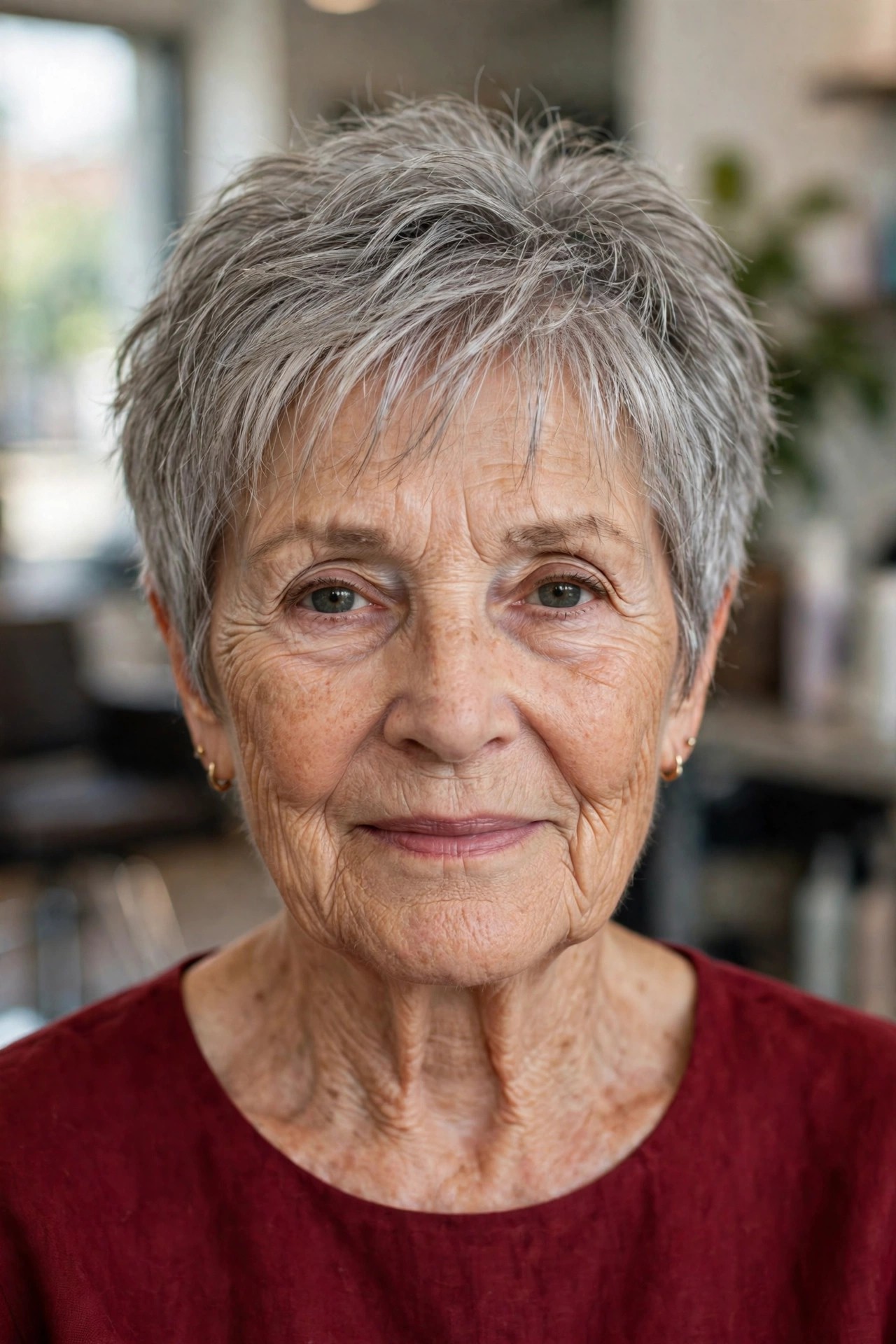 Steel Gray Layered Crop with Wispy Bangs - woman over 60 with short hair and wispy bangs