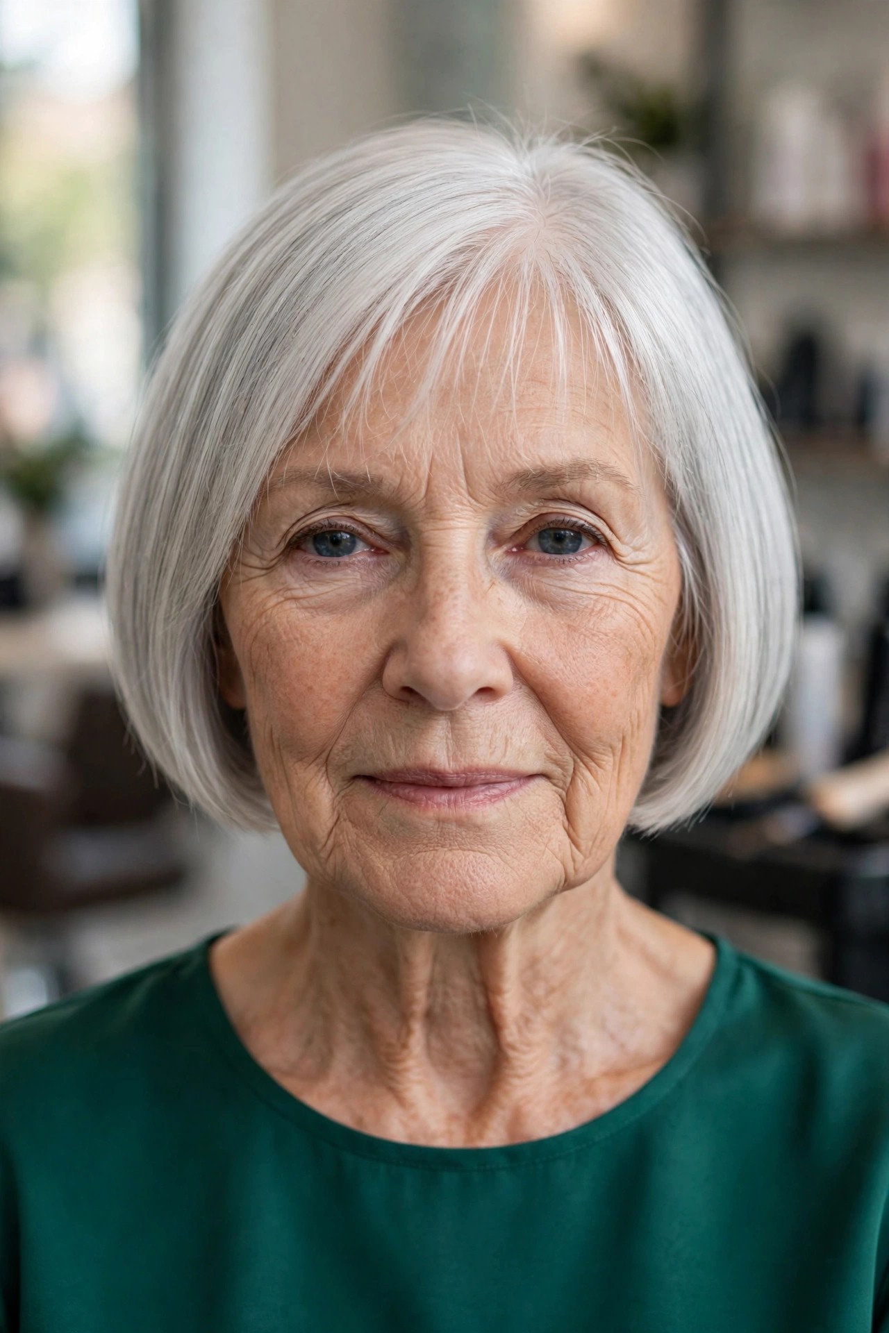 Sleek Ear-Length Bob with a Wispy Baby Fringe - woman over 60 with short hair and wispy bangs