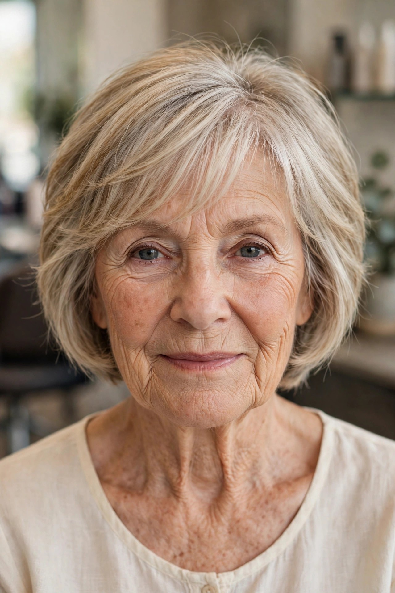 Jaw-Length Textured Bob with Side-Swept Wispy Bangs - woman over 60 with short hair and wispy bangs