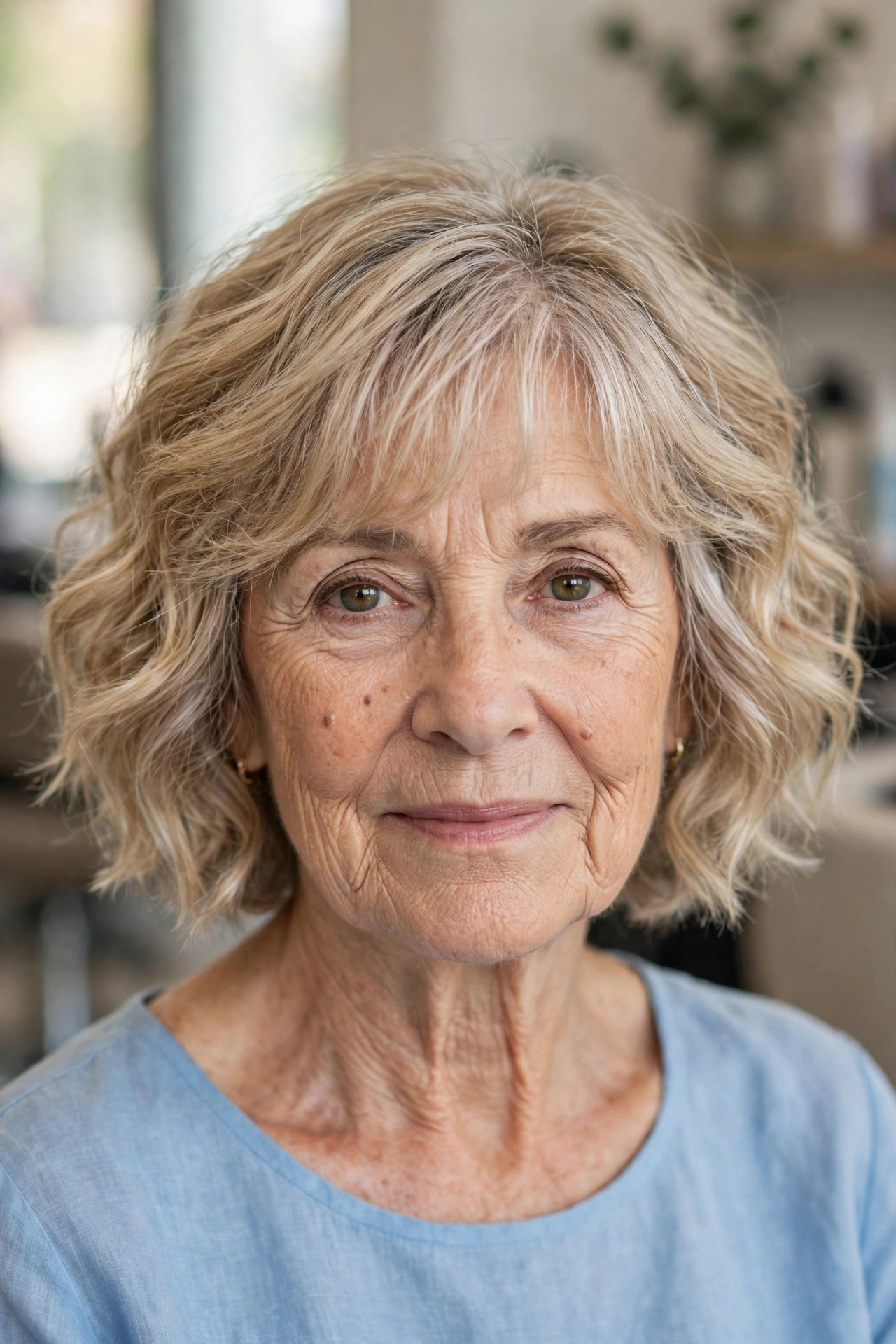 Wavy Short Bob with Beachy Wispy Bangs - woman over 60 with short hair and wispy bangs