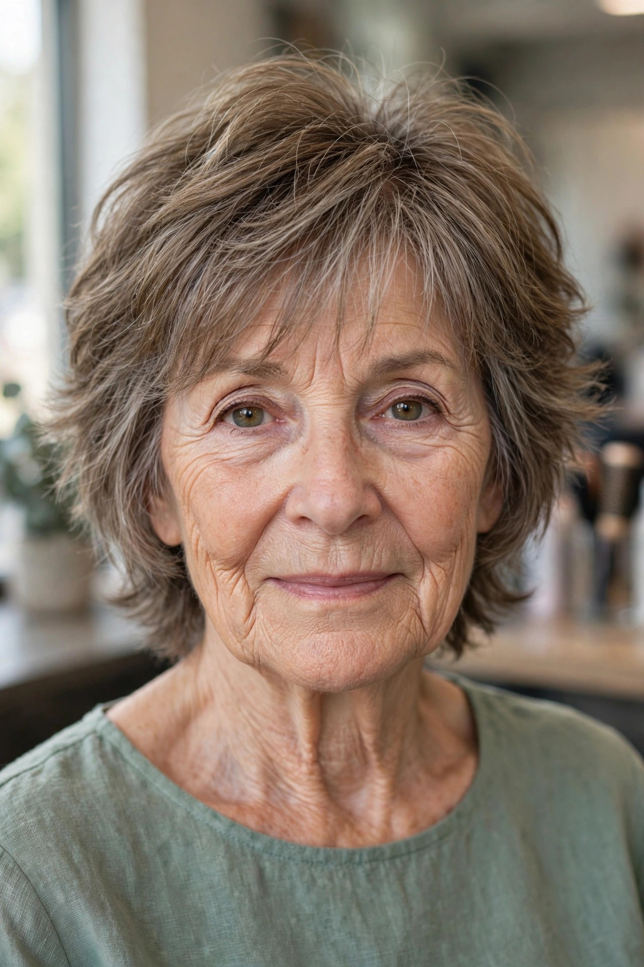 Short Layered Shag with an Airy Wispy Fringe - woman over 60 with short hair and wispy bangs