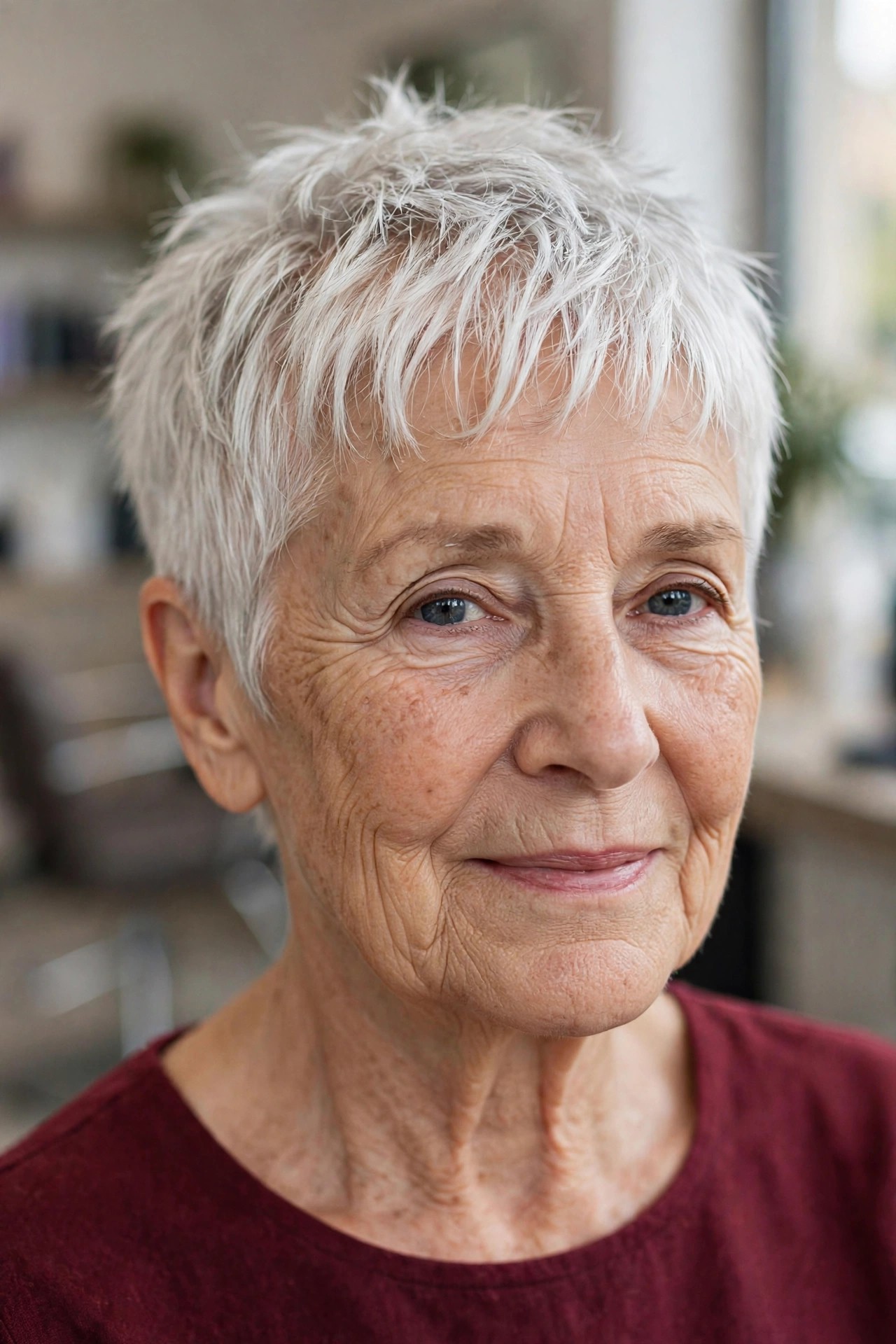 Choppy Silver Pixie with See-Through Bangs - woman over 60 with short hair and wispy bangs
