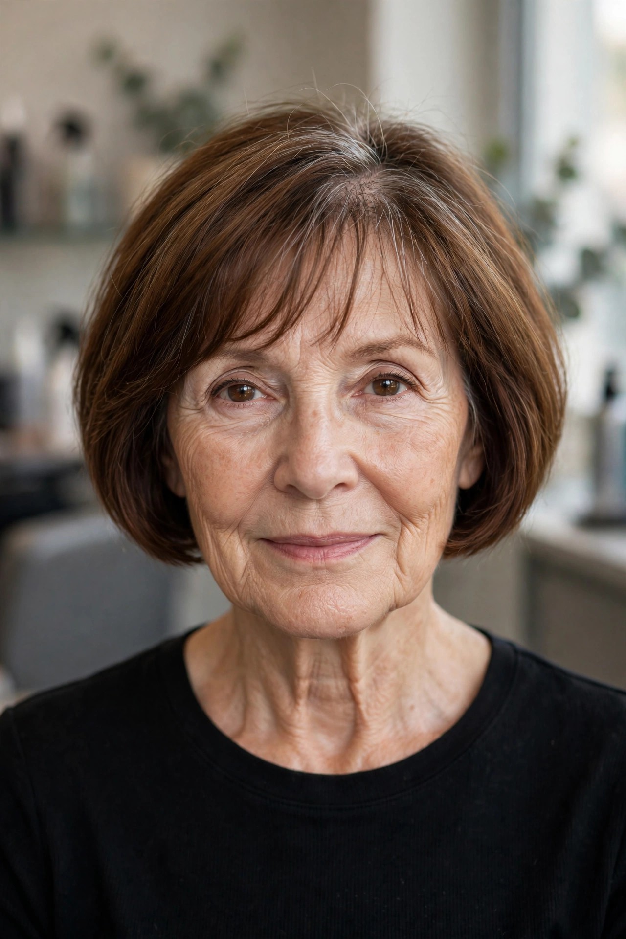 French Bob with Soft Wispy Bangs - woman over 60 with short hair and wispy bangs