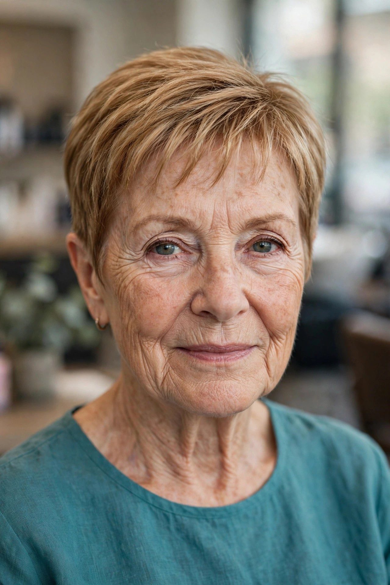 Tapered Crop with a Piecey Wispy Fringe - woman over 60 with short hair and wispy bangs