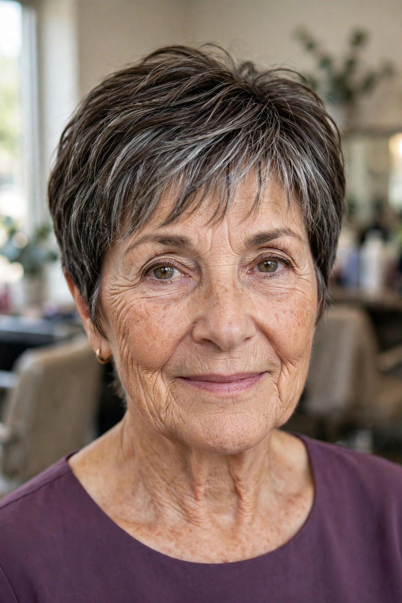 Salt-and-Pepper Pixie-Bob with Wispy Bangs - woman over 60 with short hair and wispy bangs