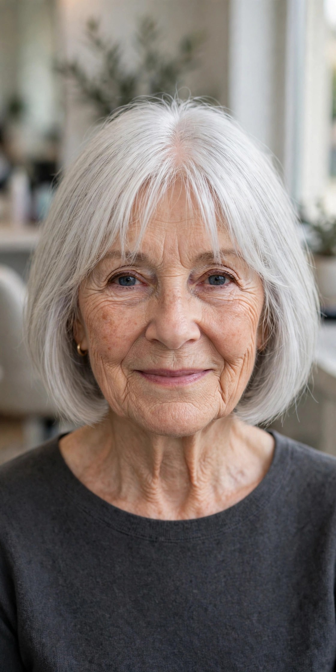 Chin-Length Silver Bob with Feathered Wispy Bangs - woman over 60 with short hair and wispy bangs