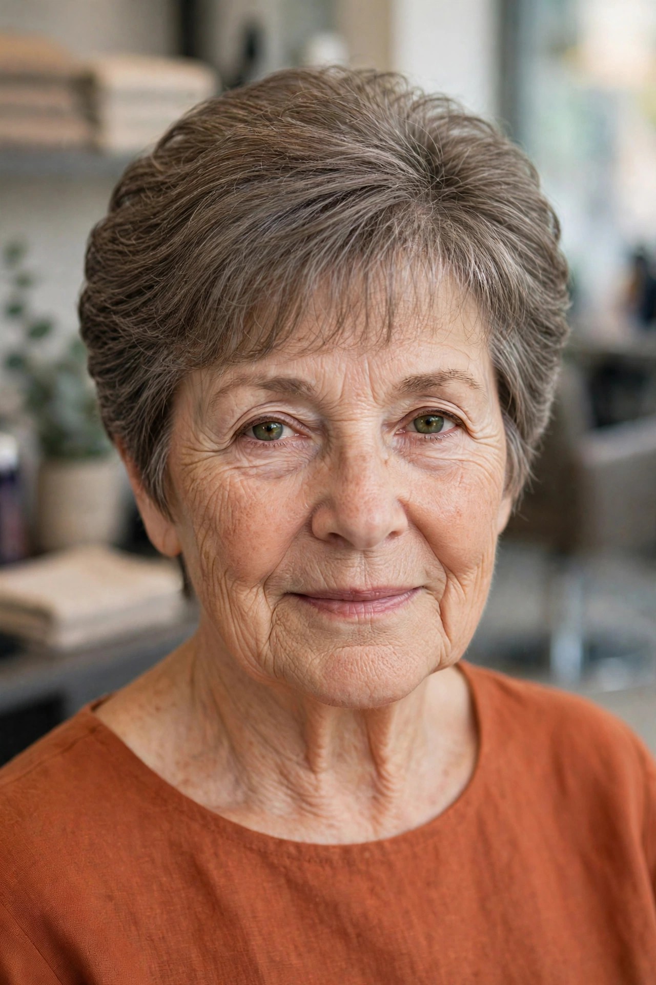 Short Wedge Cut with a Wispy Front - woman over 60 with short hair and wispy bangs