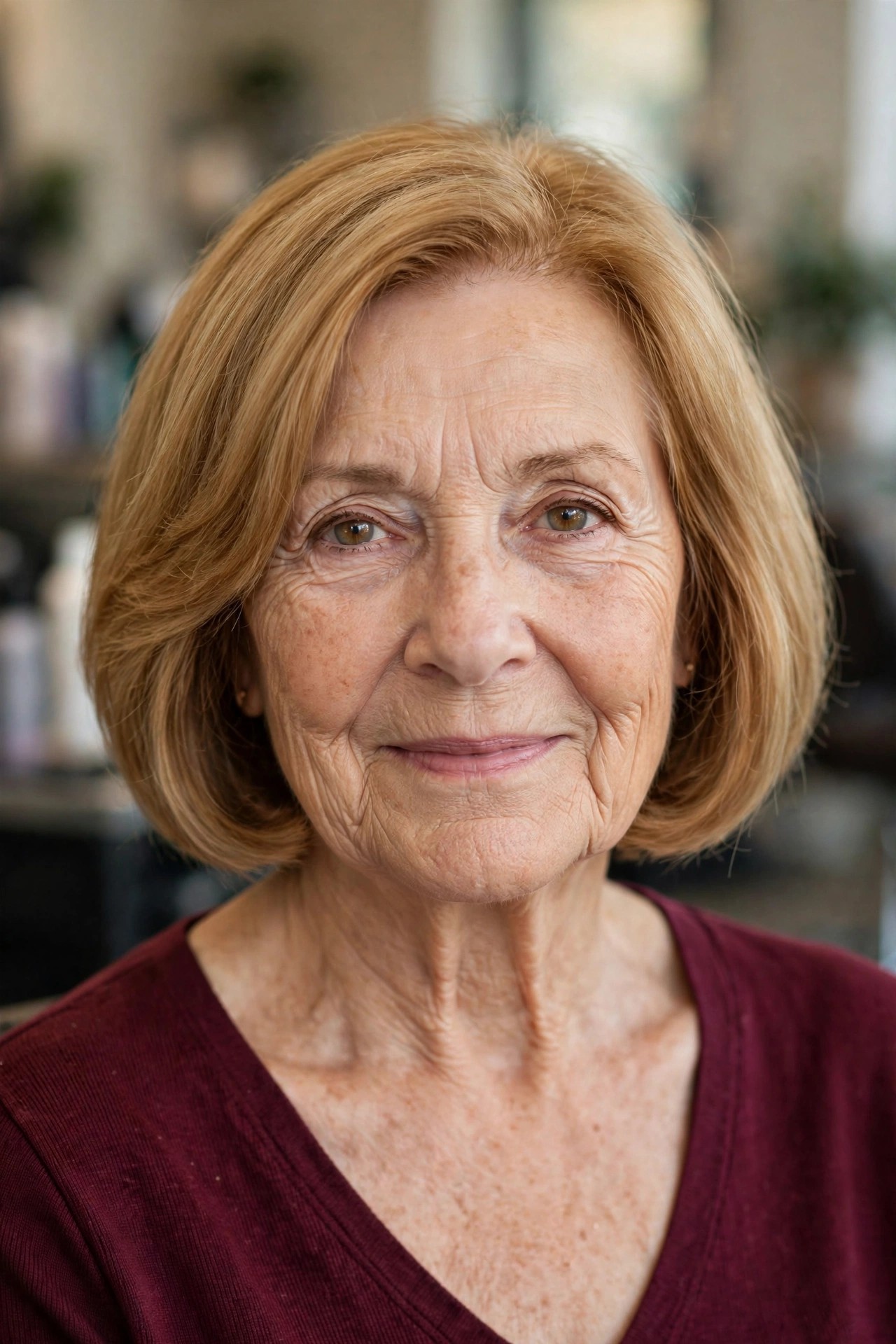 Warm Honey Blonde Bob - youthful hair color on a woman over 60