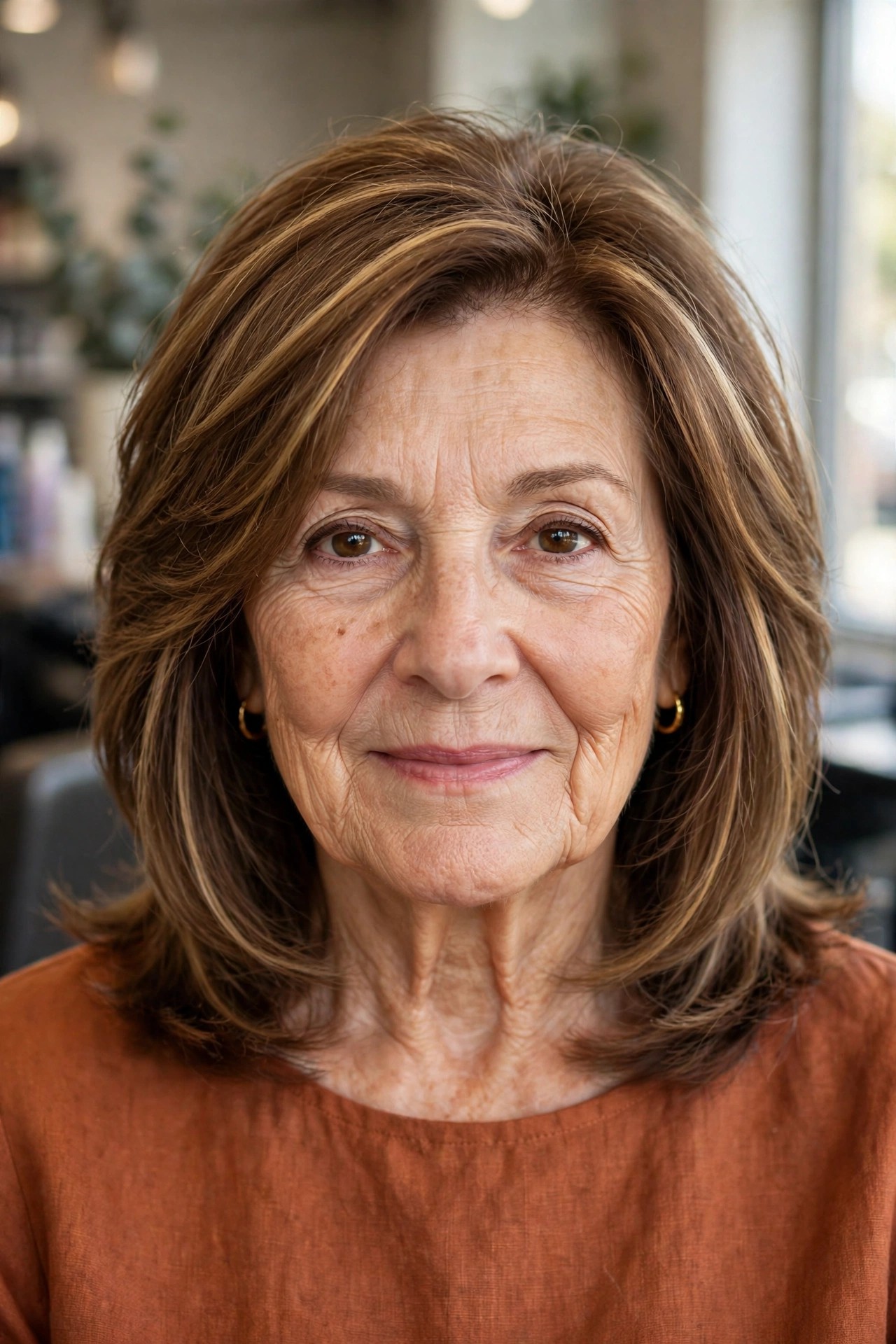 Mocha Brunette with Golden Ribbon Highlights - youthful hair color on a woman over 60