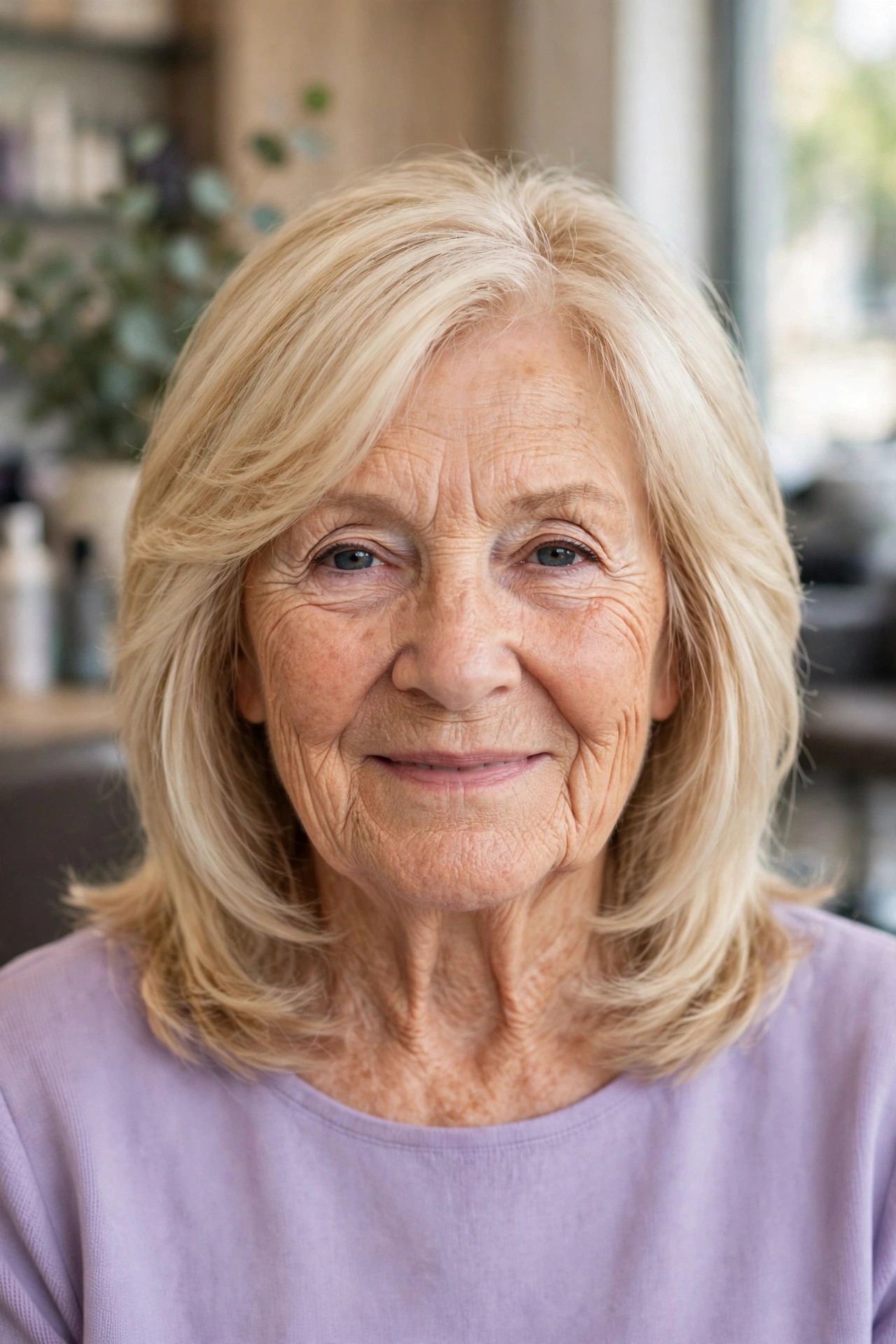Creamy Vanilla Blonde Layers - youthful hair color on a woman over 60