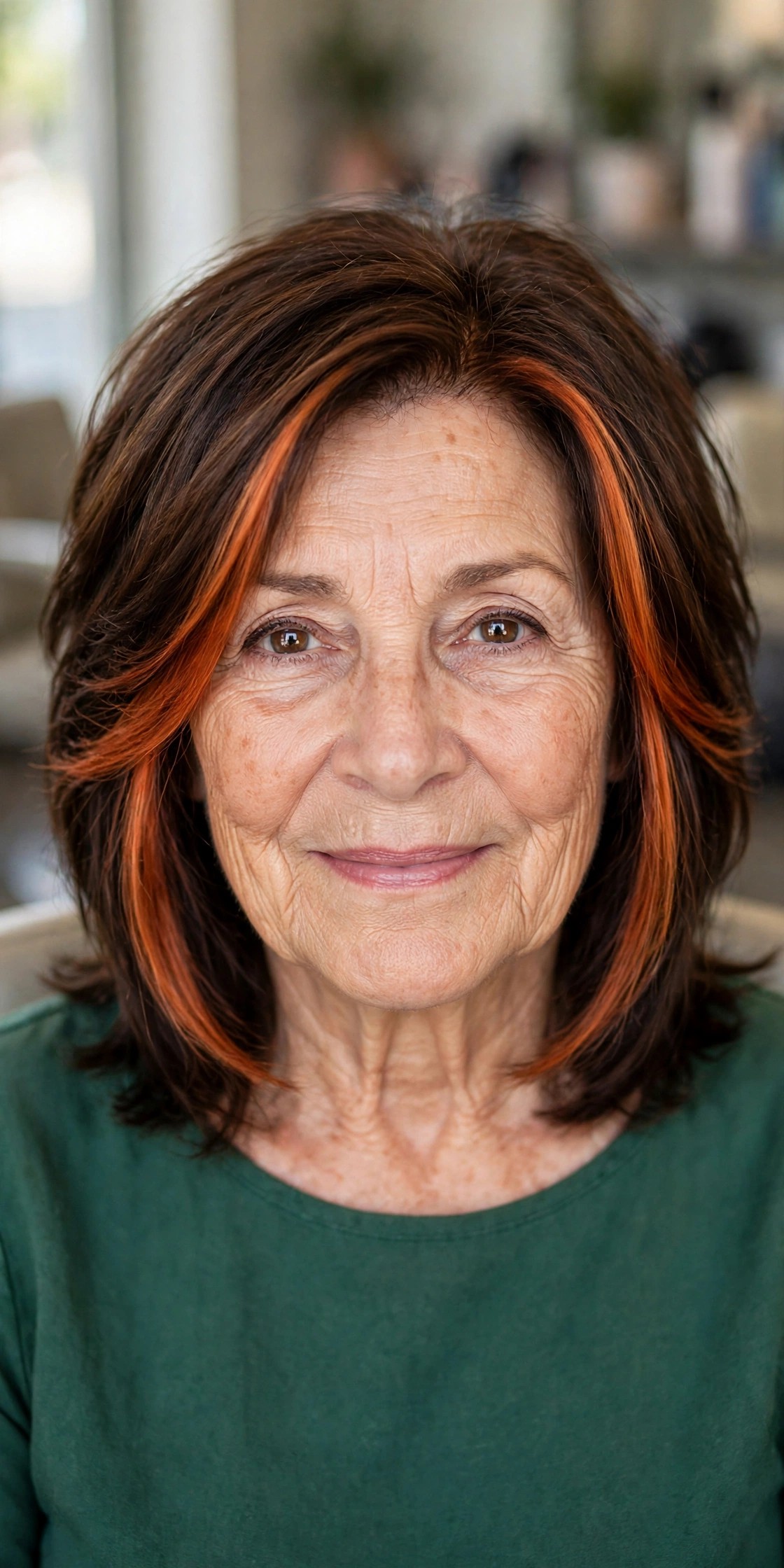 Chestnut Brown with a Copper Face Frame - youthful hair color on a woman over 60