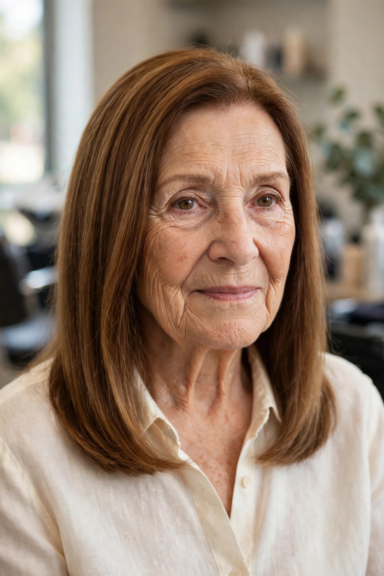 Warm Toffee Brunette Shine - youthful hair color on a woman over 60
