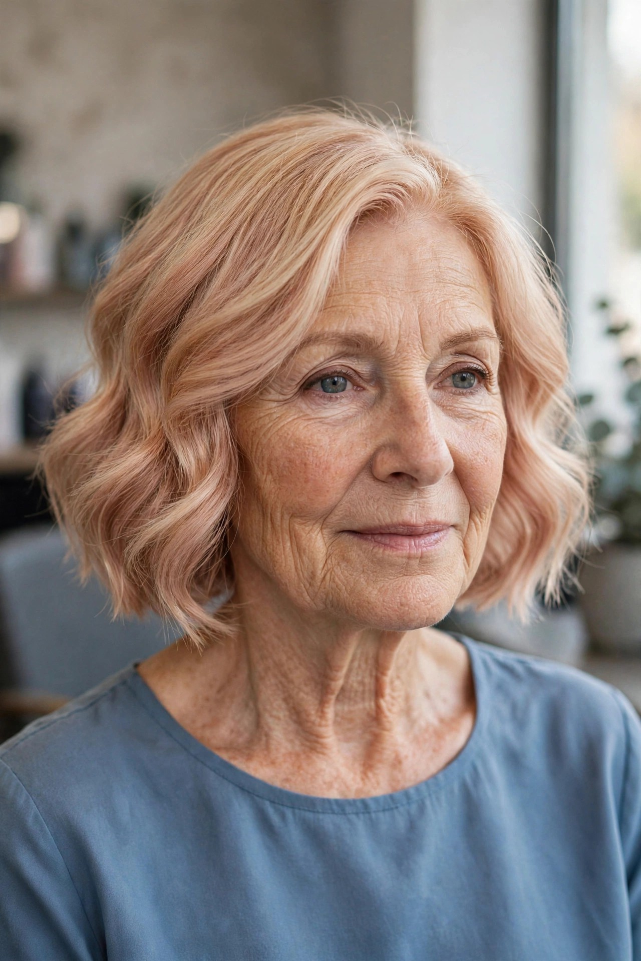 Rose-Gold Kissed Blonde - youthful hair color on a woman over 60