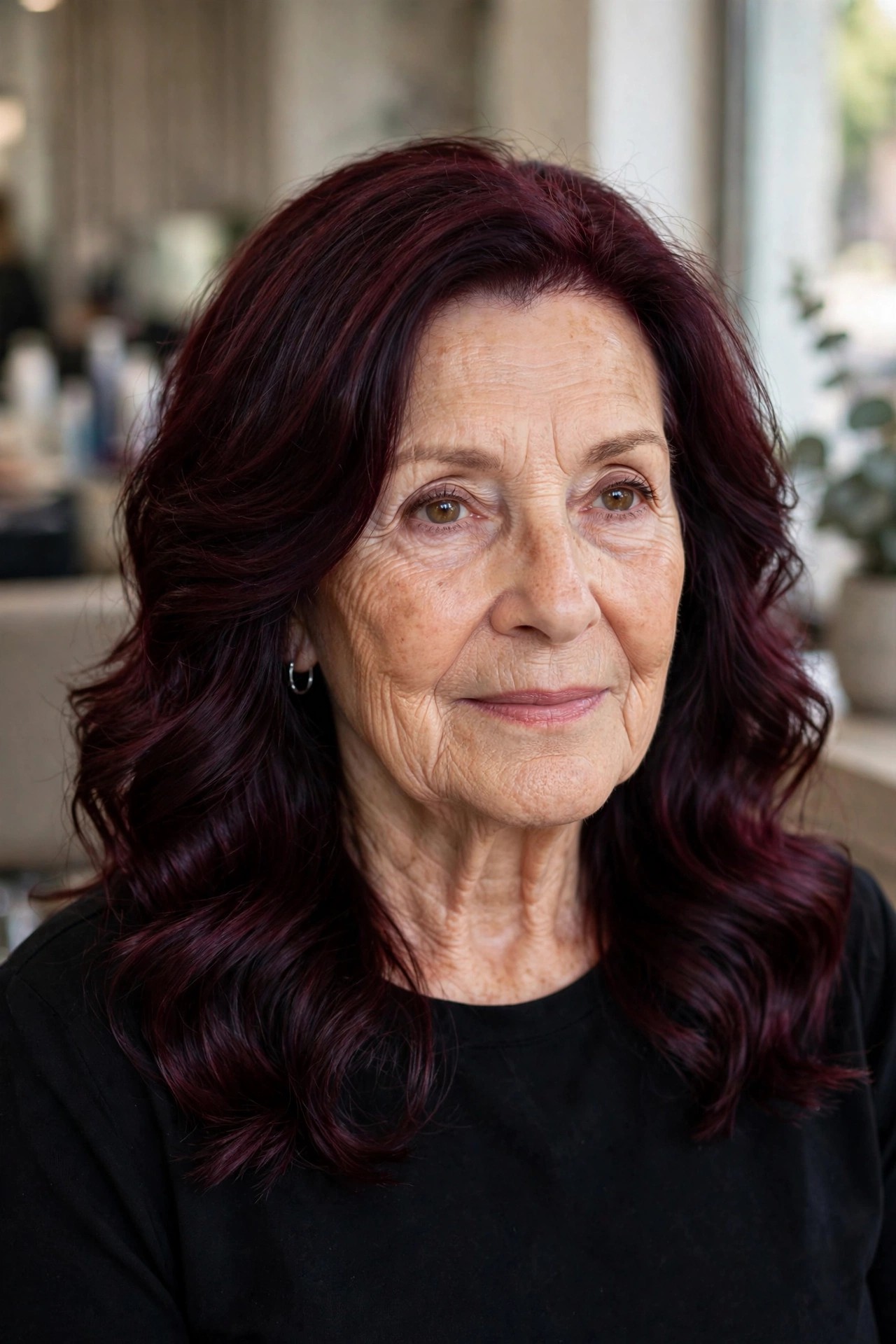 Deep Burgundy Wine Waves - youthful hair color on a woman over 60