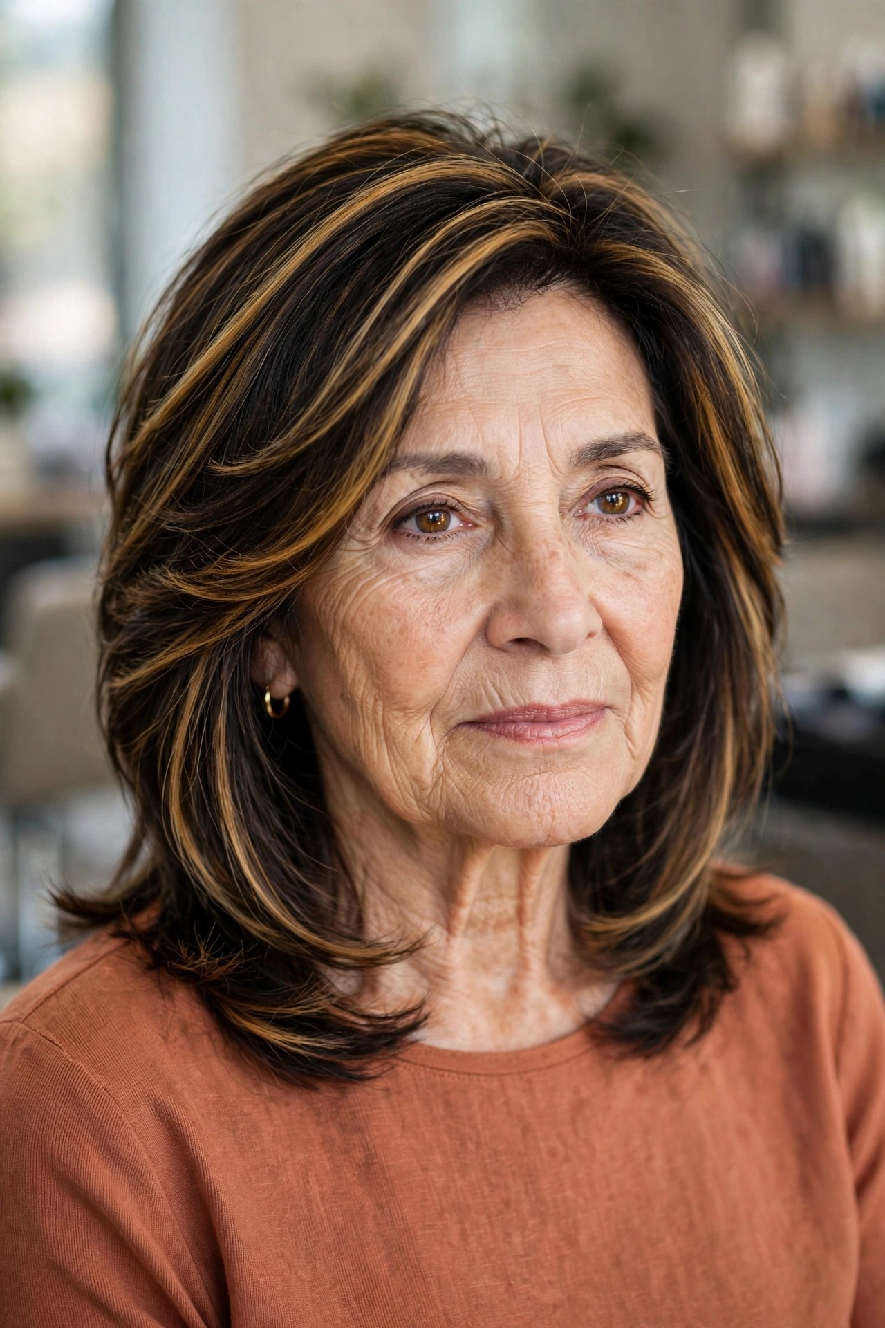 Golden Caramel Highlights on a Dark Base - youthful hair color on a woman over 60
