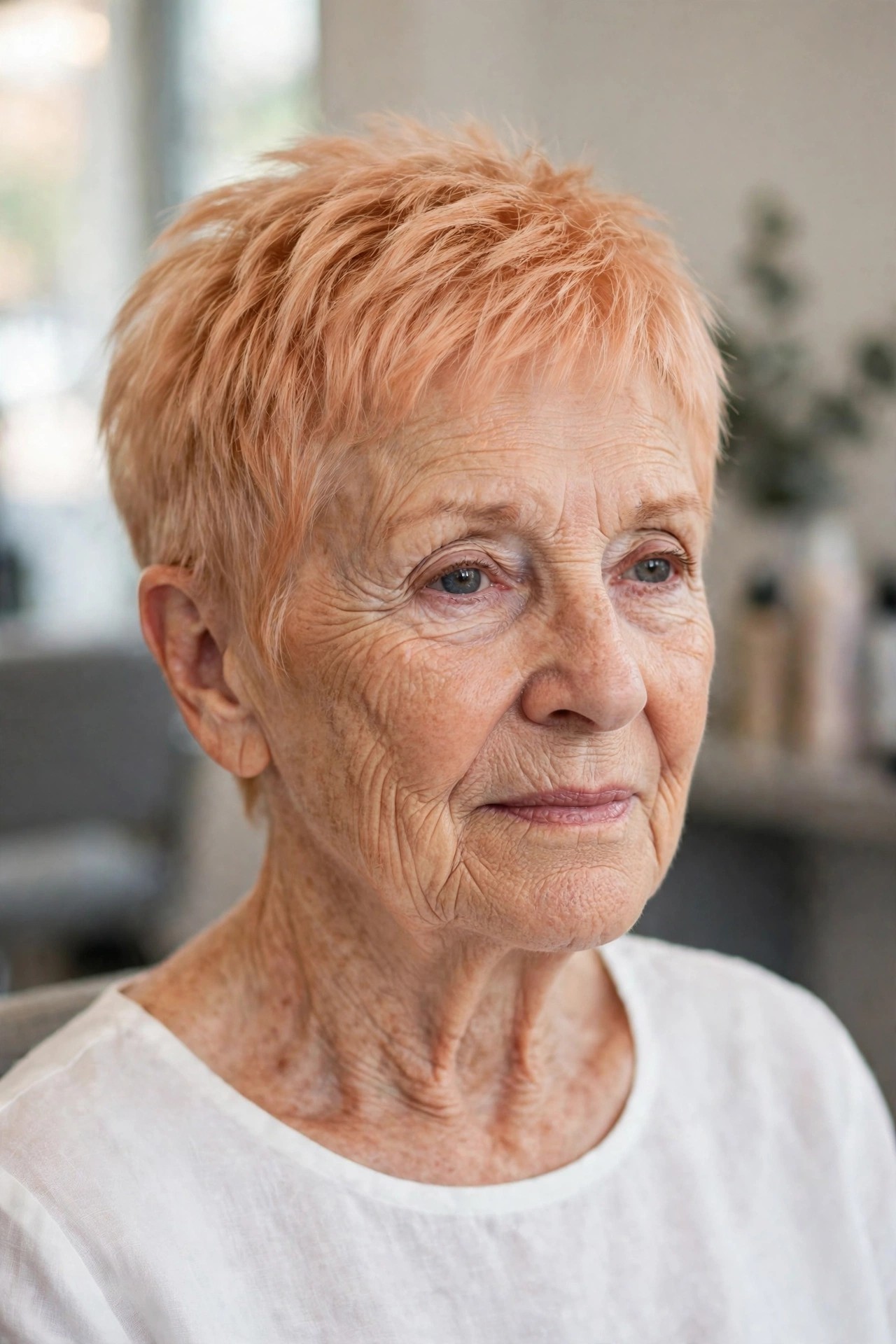 Soft Apricot Blonde Crop - youthful hair color on a woman over 60