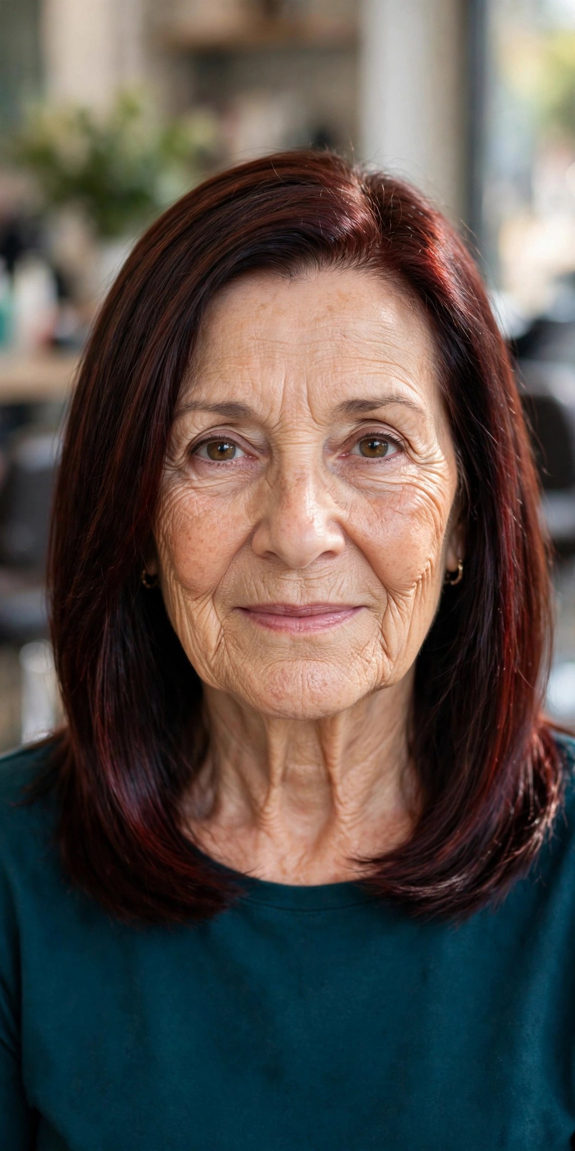 Chocolate Cherry Brunette - youthful hair color on a woman over 60
