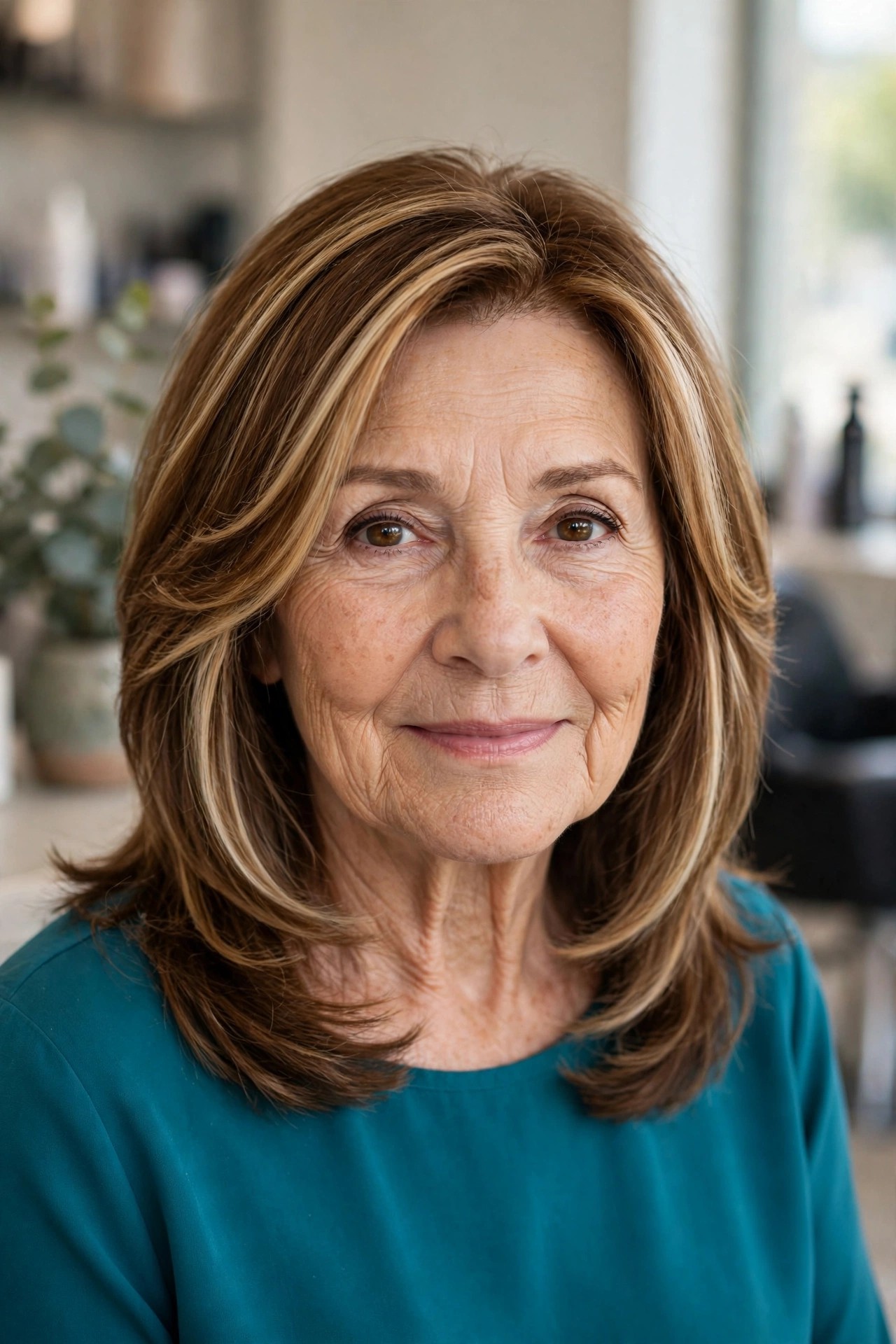 Soft Golden Blonde Face-Framing Highlights - youthful hair color on a woman over 60