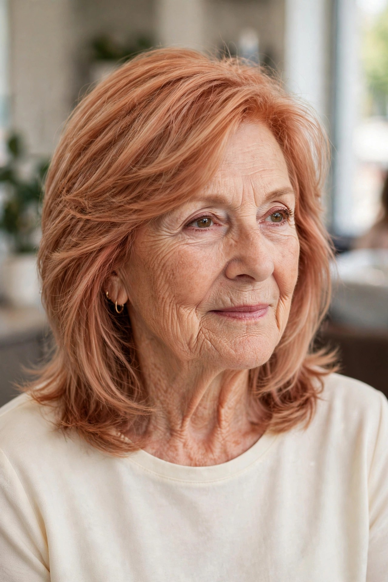Strawberry Blonde Soft Layers - youthful hair color on a woman over 60